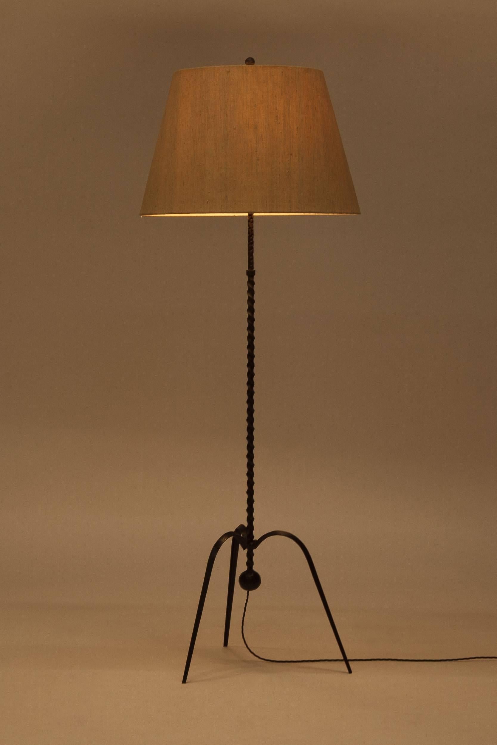 Mid-20th Century French Floor Lamp Wrought Iron 'Fer Forgé' Silk Lampshade, 1940s
