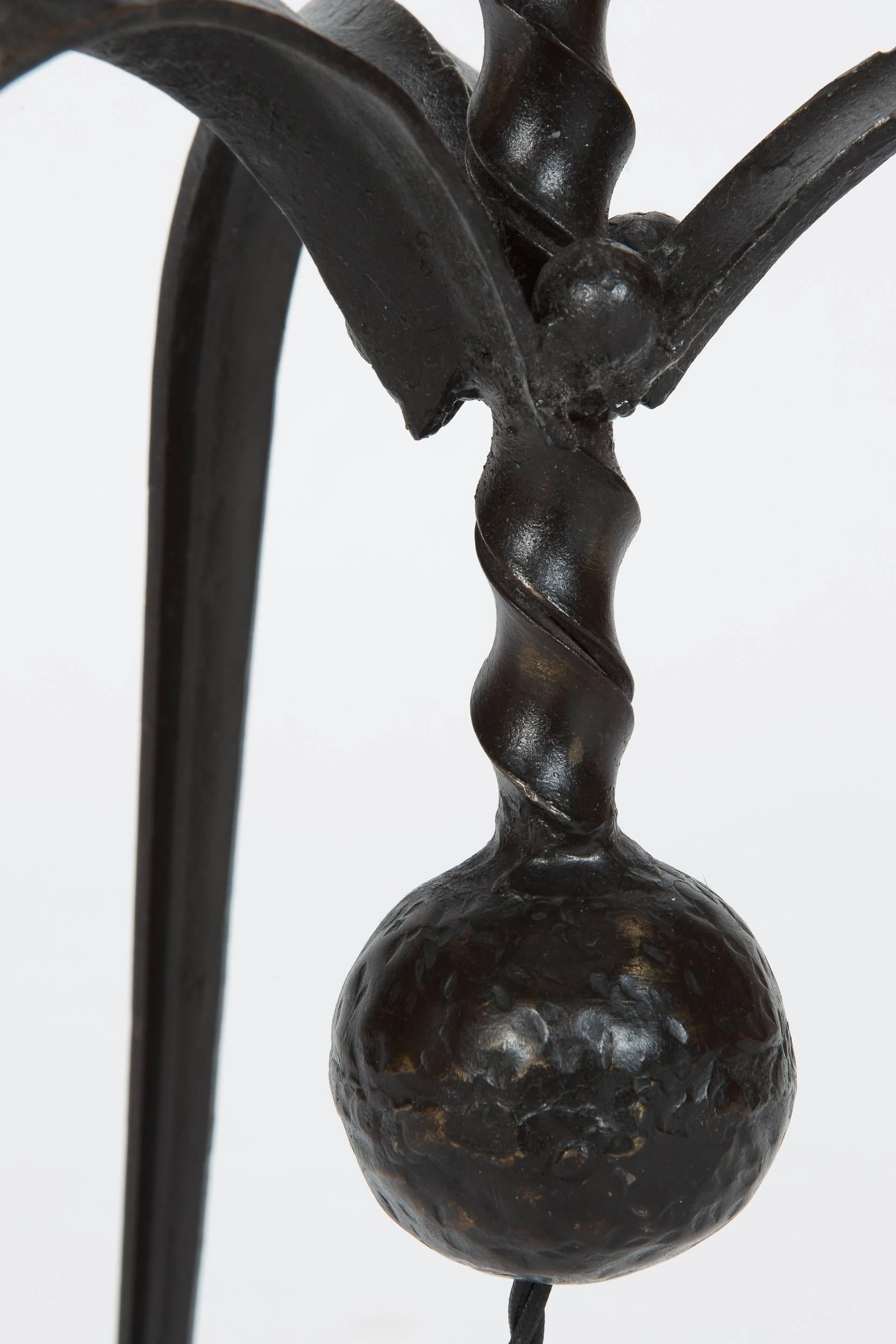 French Floor Lamp Wrought Iron 'Fer Forgé' Silk Lampshade, 1940s 4
