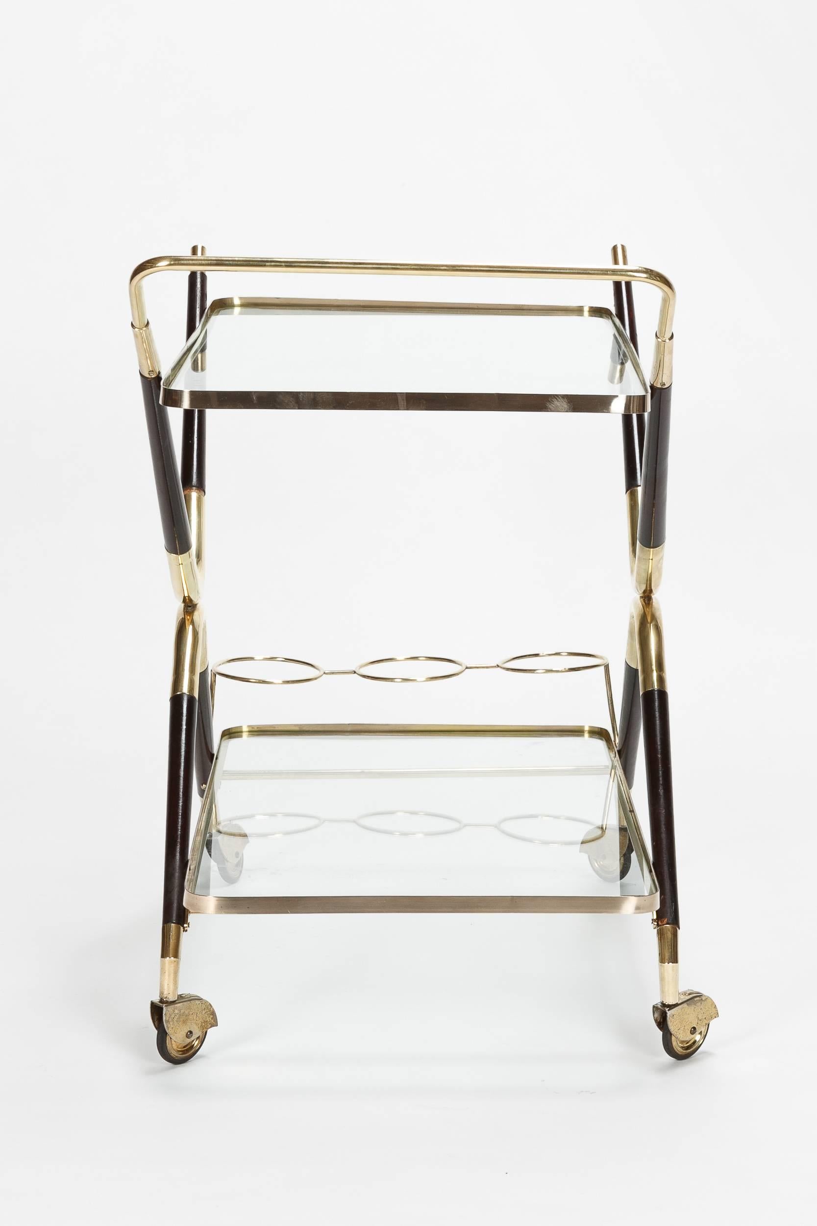 Mid-20th Century Italian Cesare Lacca Bar Cart Brass Mahogany, 1950s