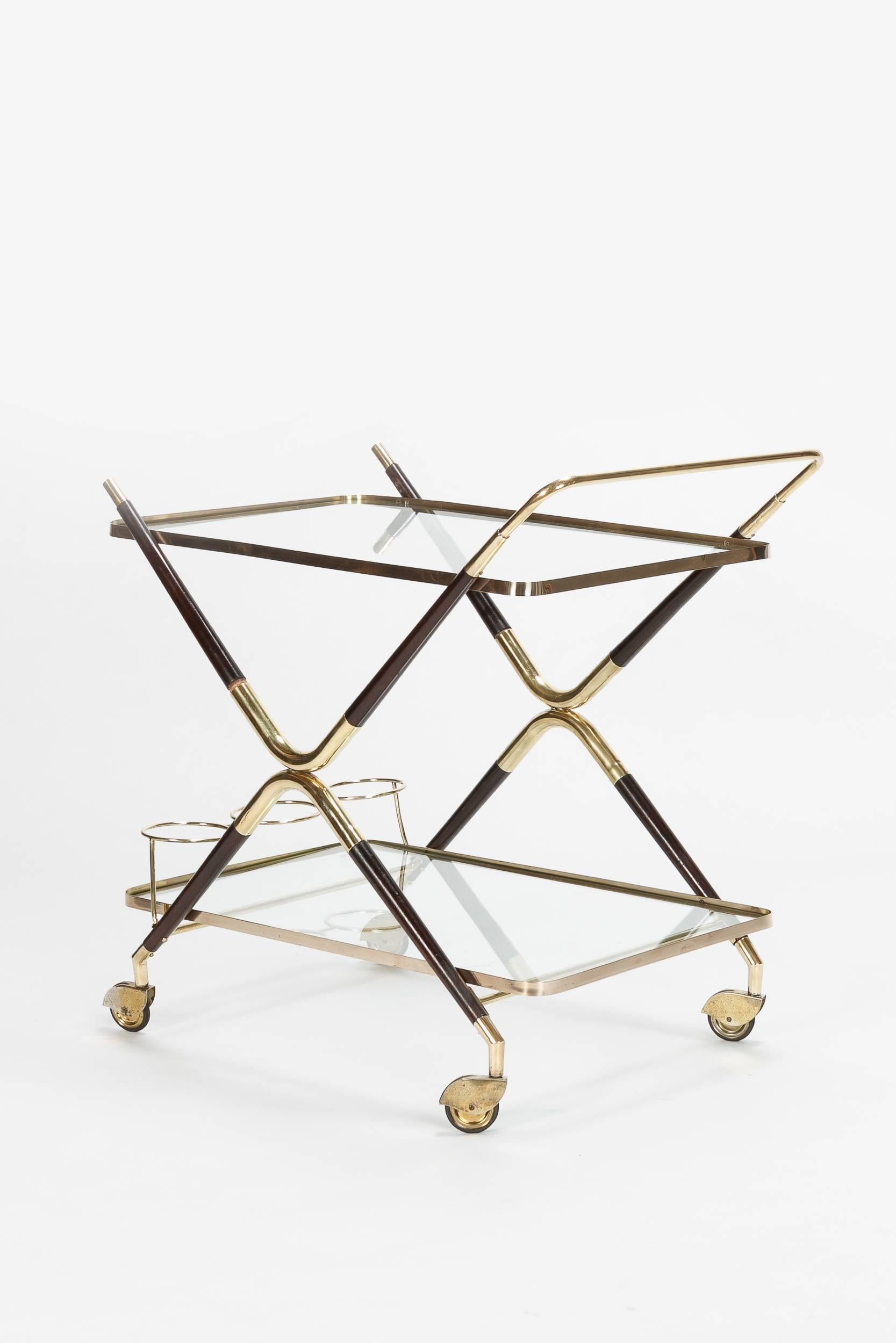 Italian Cesare Lacca Bar Cart Brass Mahogany, 1950s In Excellent Condition In Basel, CH