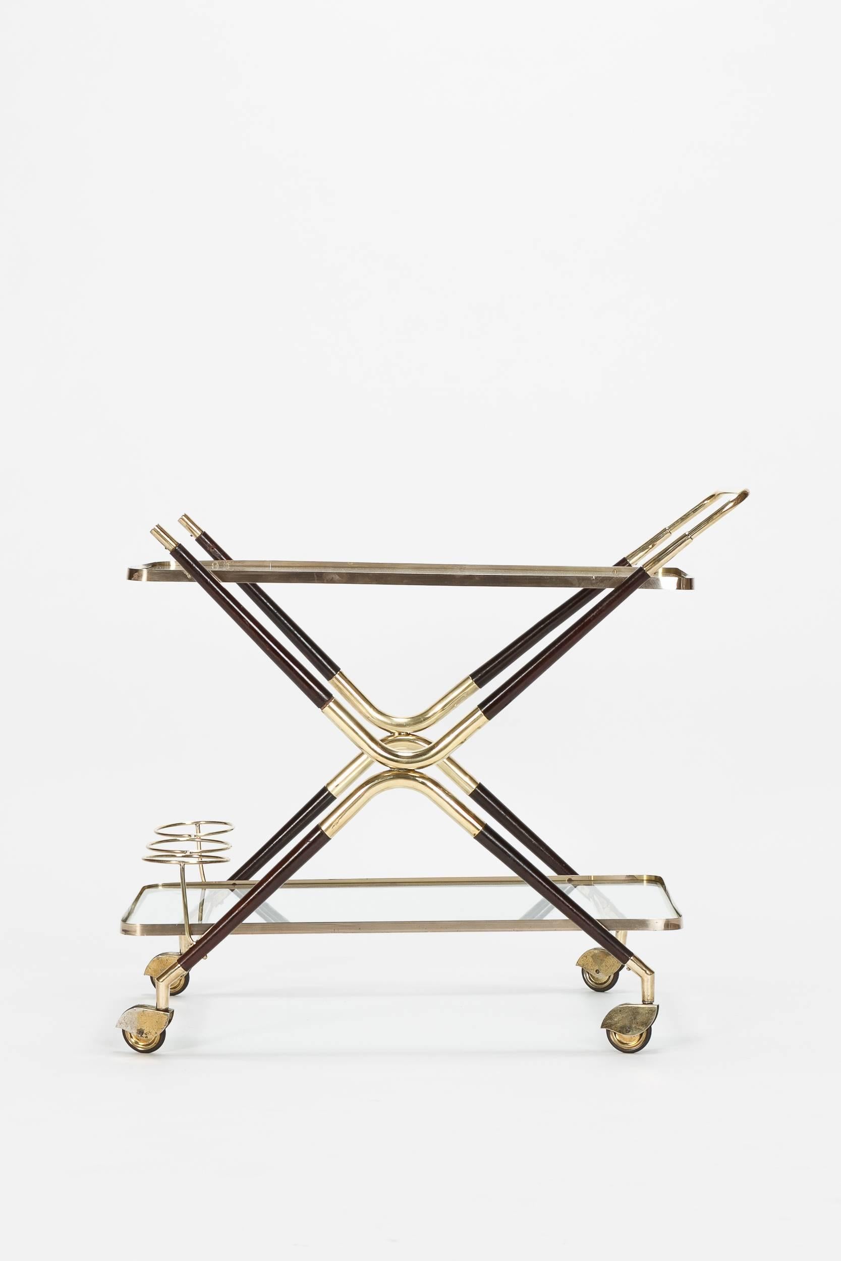 Mid-Century Modern Italian Cesare Lacca Bar Cart Brass Mahogany, 1950s