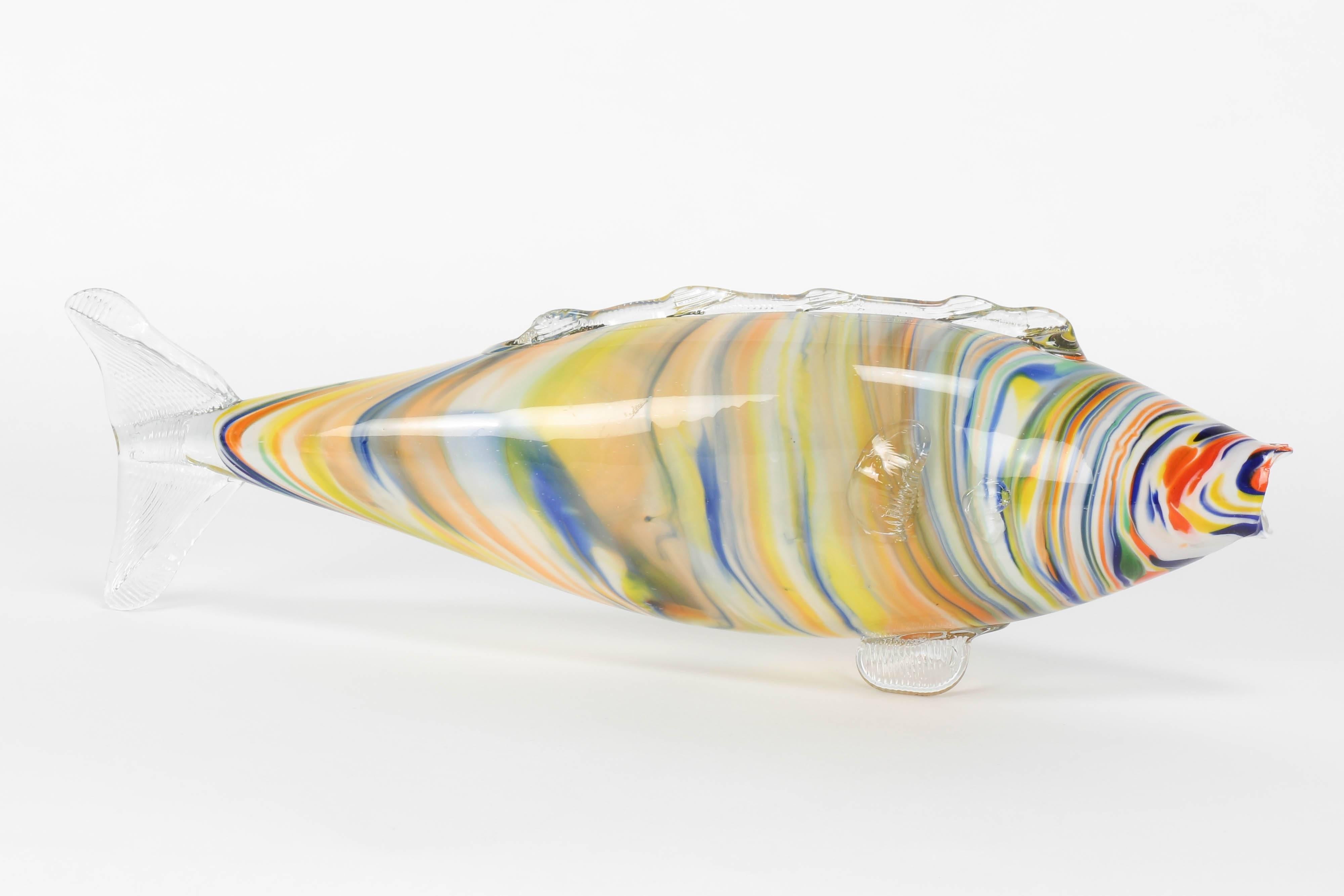 Huge handblown glass Murano fish, manufactured in Murano in the 1950s. The sculpture is made of three layered overlay glass; inside and outside colorless glass, the layer between colorful glass. It has a sharp ending due to the handblown working.