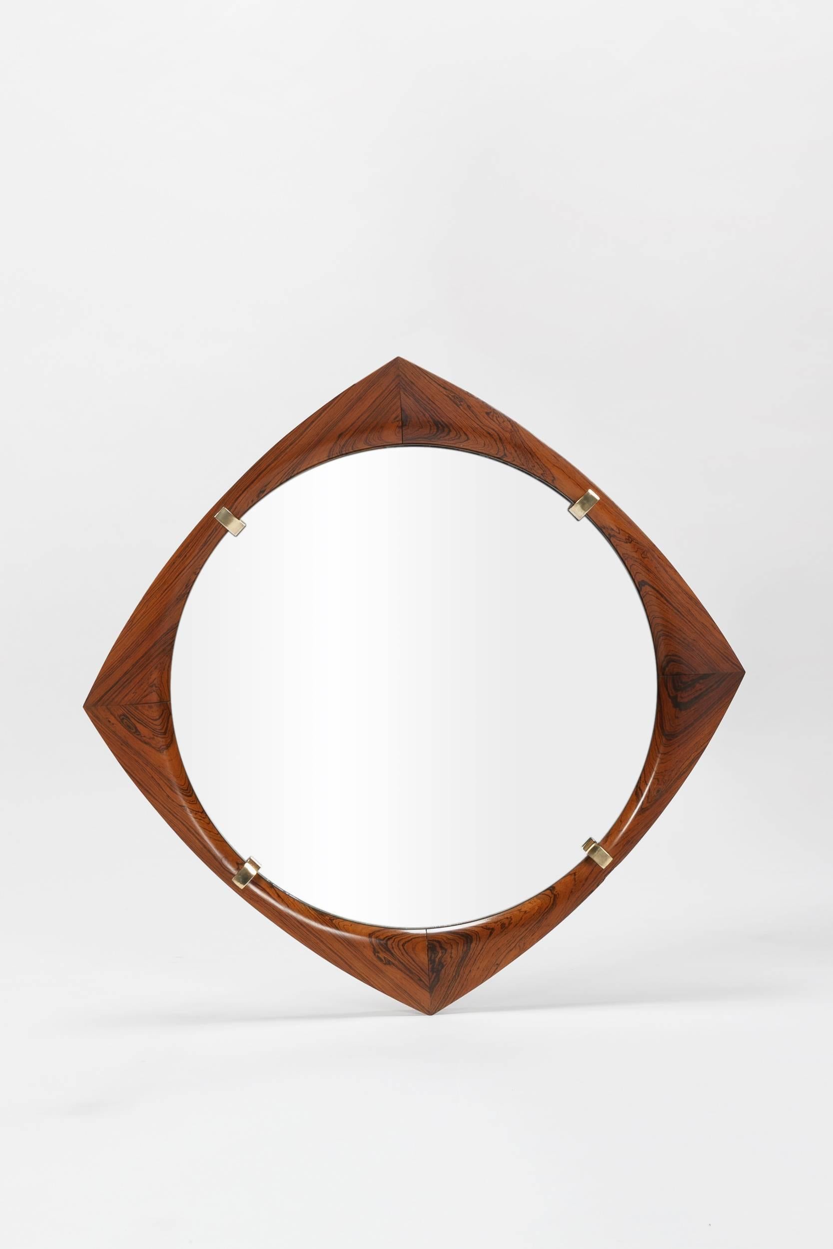 Gorgeous rosewood mirror manufactured in Italy in the 1960s. Awesome workmanship, diamond rosewood with brass fastener and crystal glass. Very high quality custom-made item.