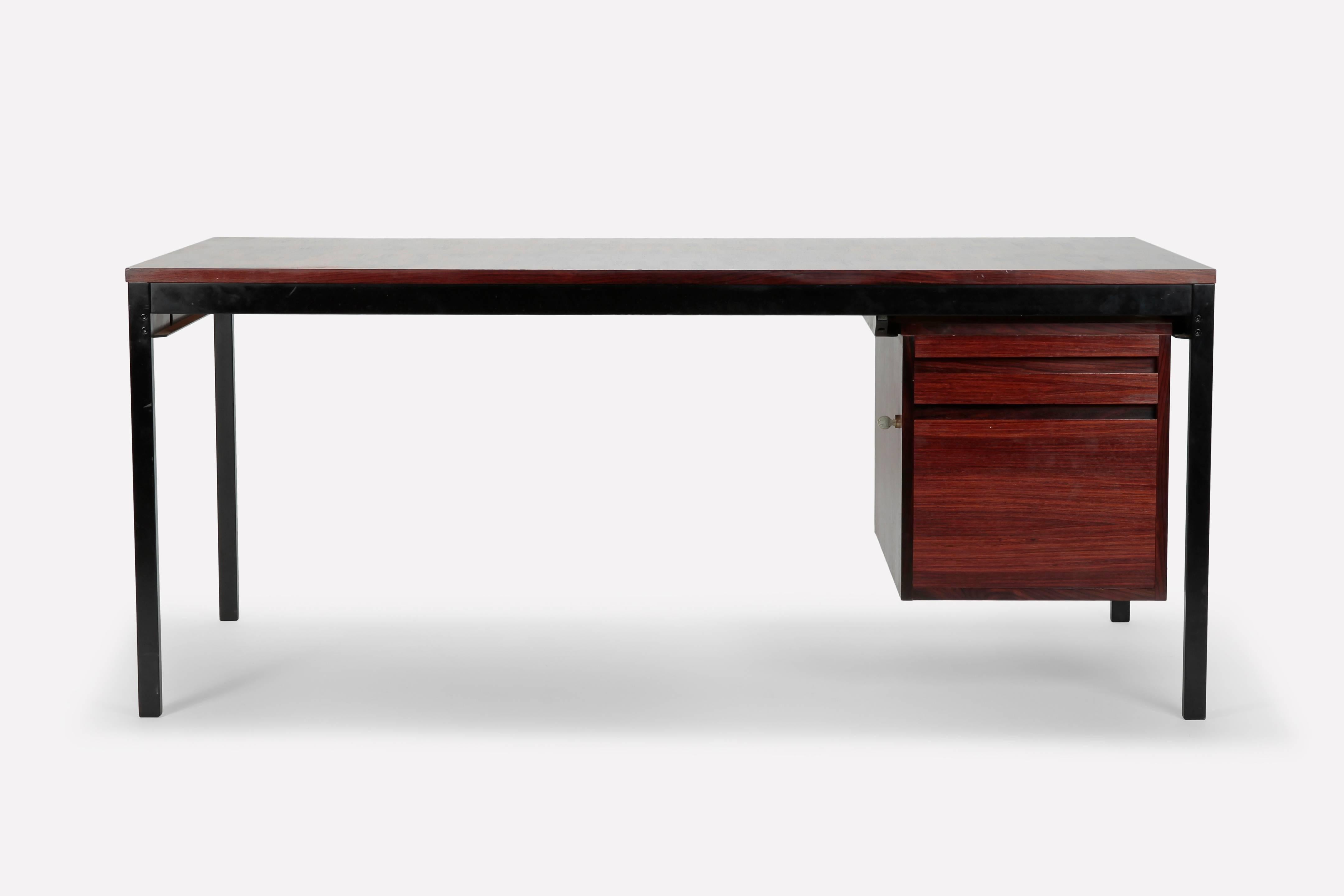 Dieter Waeckerlin DW II jacaranda desk with marquetry inlays and black metal frame and one office corpus. Original key available. Provenance is known. Manufactured by Idealheim in the 1960s. A top collectors item.