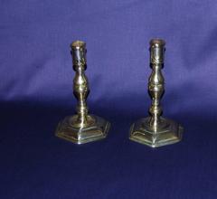 Pair of Early 18th Century Brass Candlesticks with a Hexagonal Foot