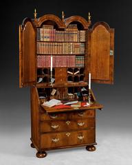 William and Mary Period Walnut Double Dome Bureau Bookcase