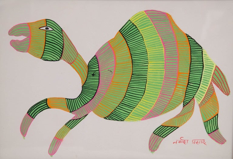 A charming late 20th century naïve painting of a dinosaur in bold highlighted colours.