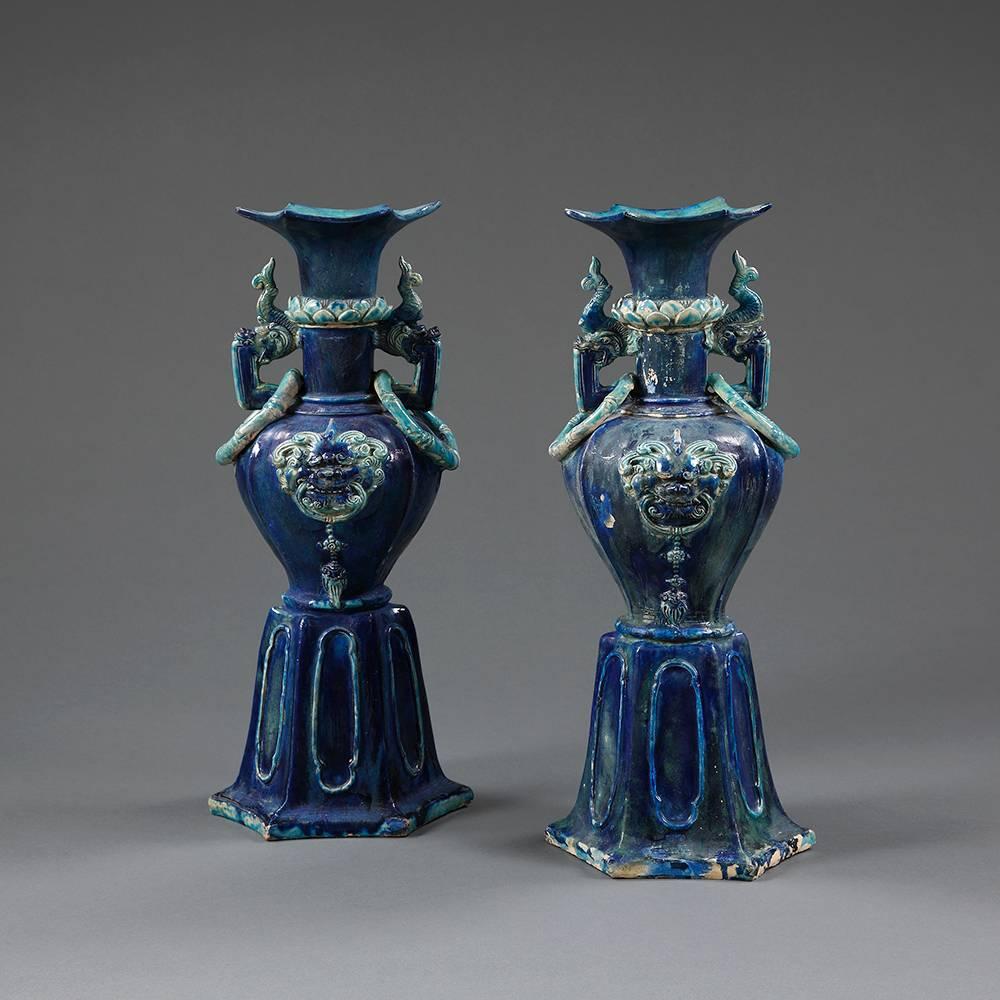 A pair of Chinese Ming dynasty vases

A large pair of Chinese Ming dynasty blue glazed pottery vases.
From the reign of Emperor JiaJing 1521-1567.