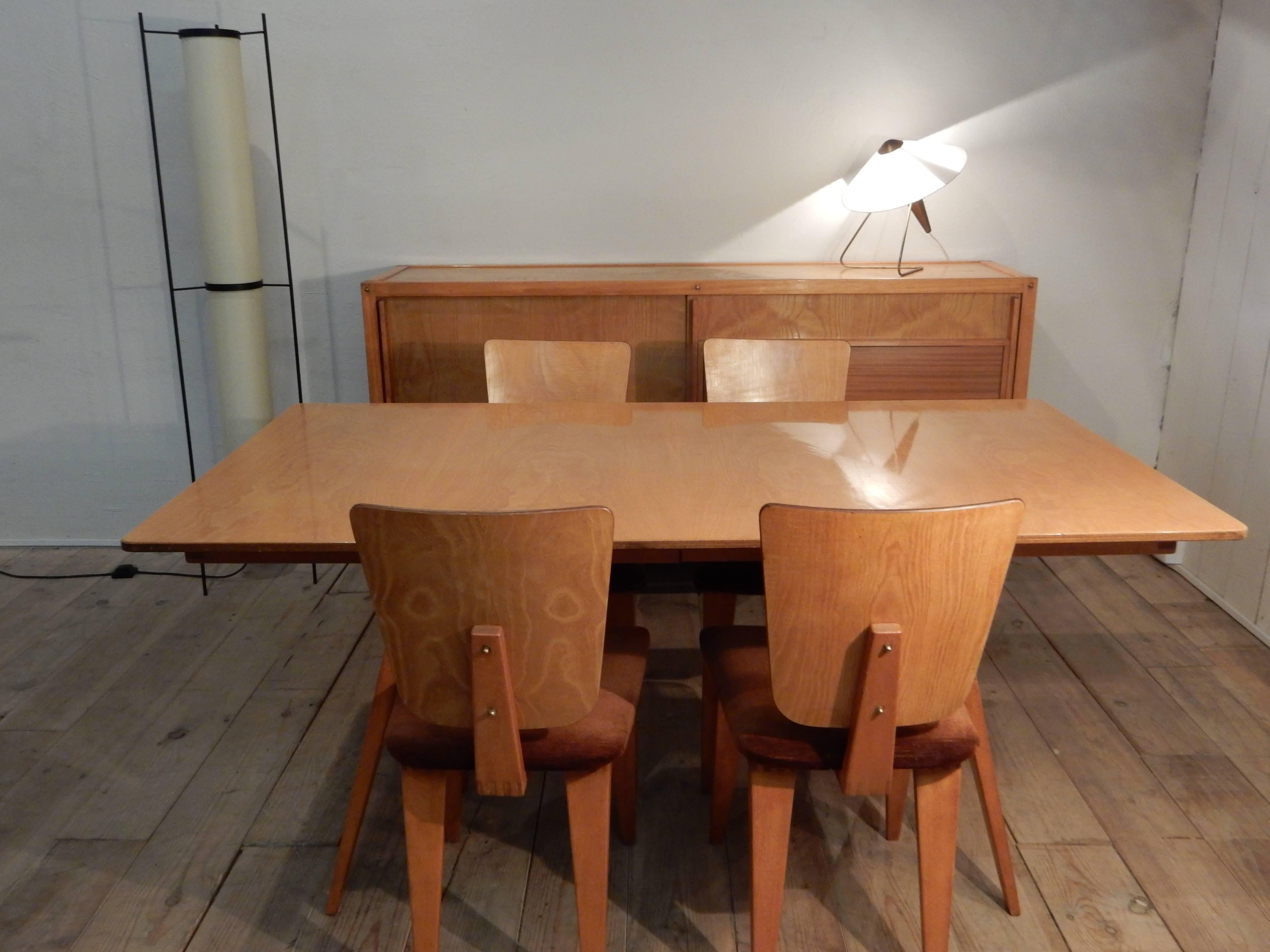 Set of four André Sornay chairs from the 1960s in perfect condition made of veneer ash tree.
