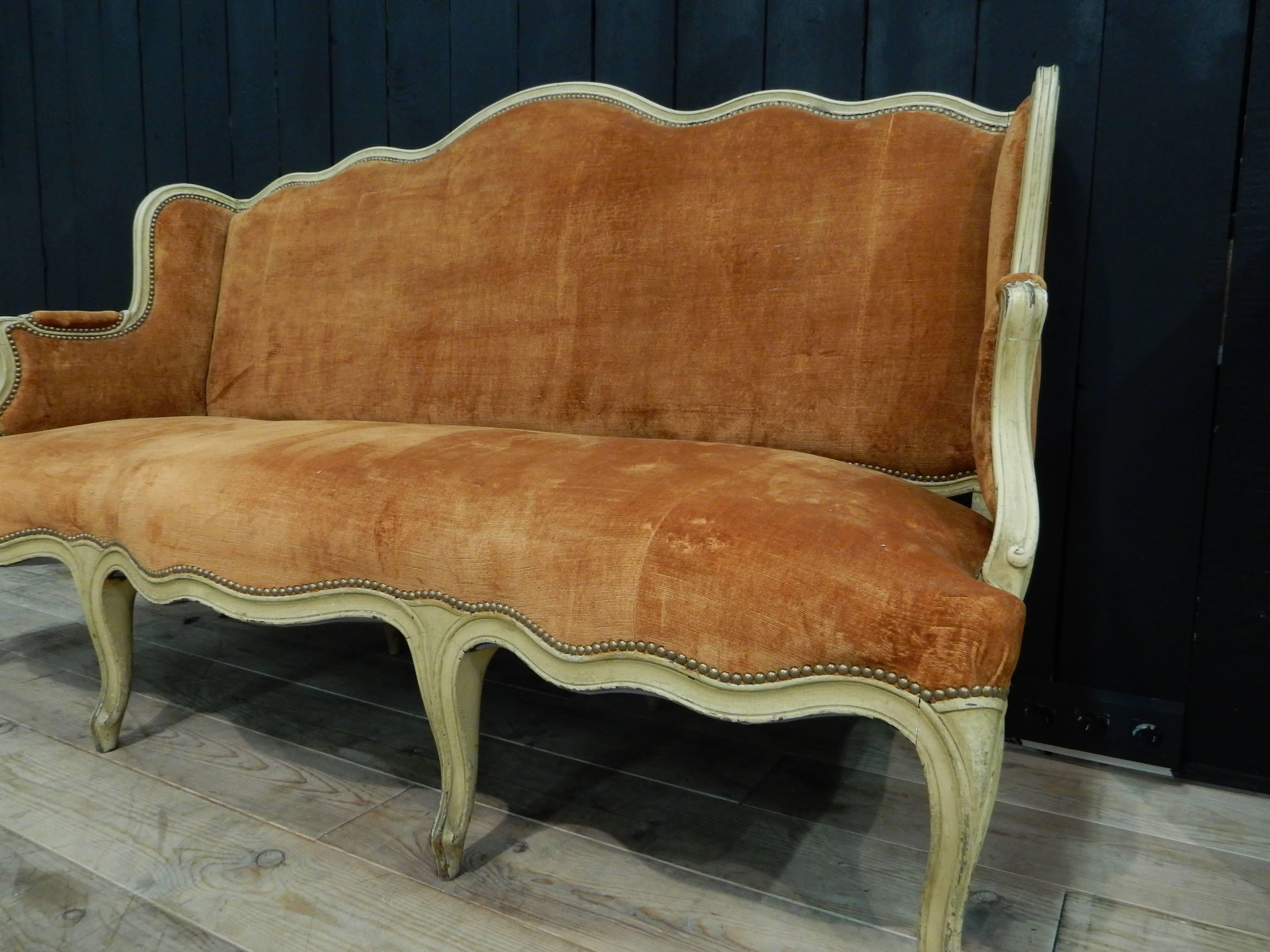 Neoclassical Revival Maison Jansen Style Louis XV Sofa with Velvet Coral