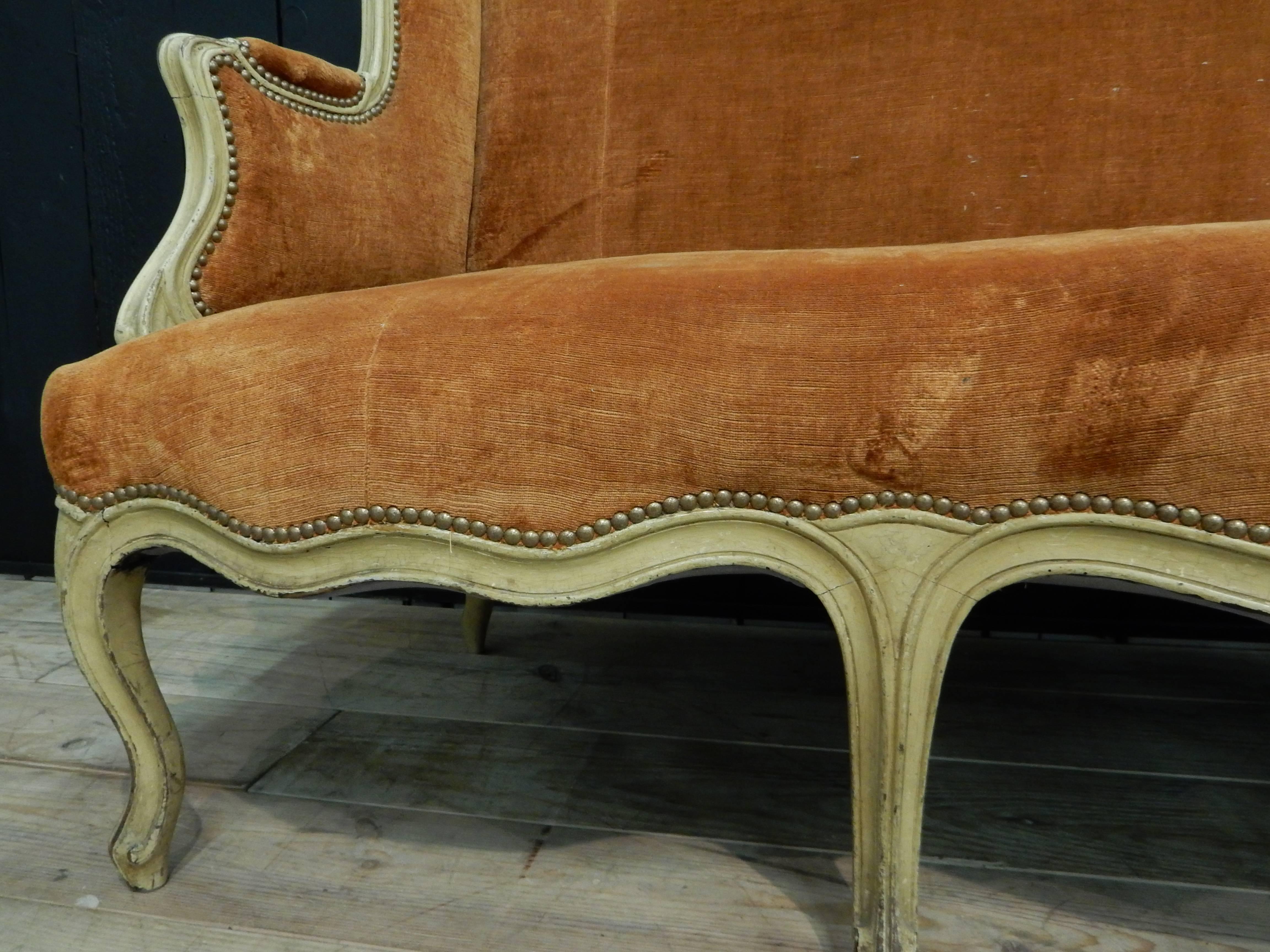 French Maison Jansen Style Louis XV Sofa with Velvet Coral