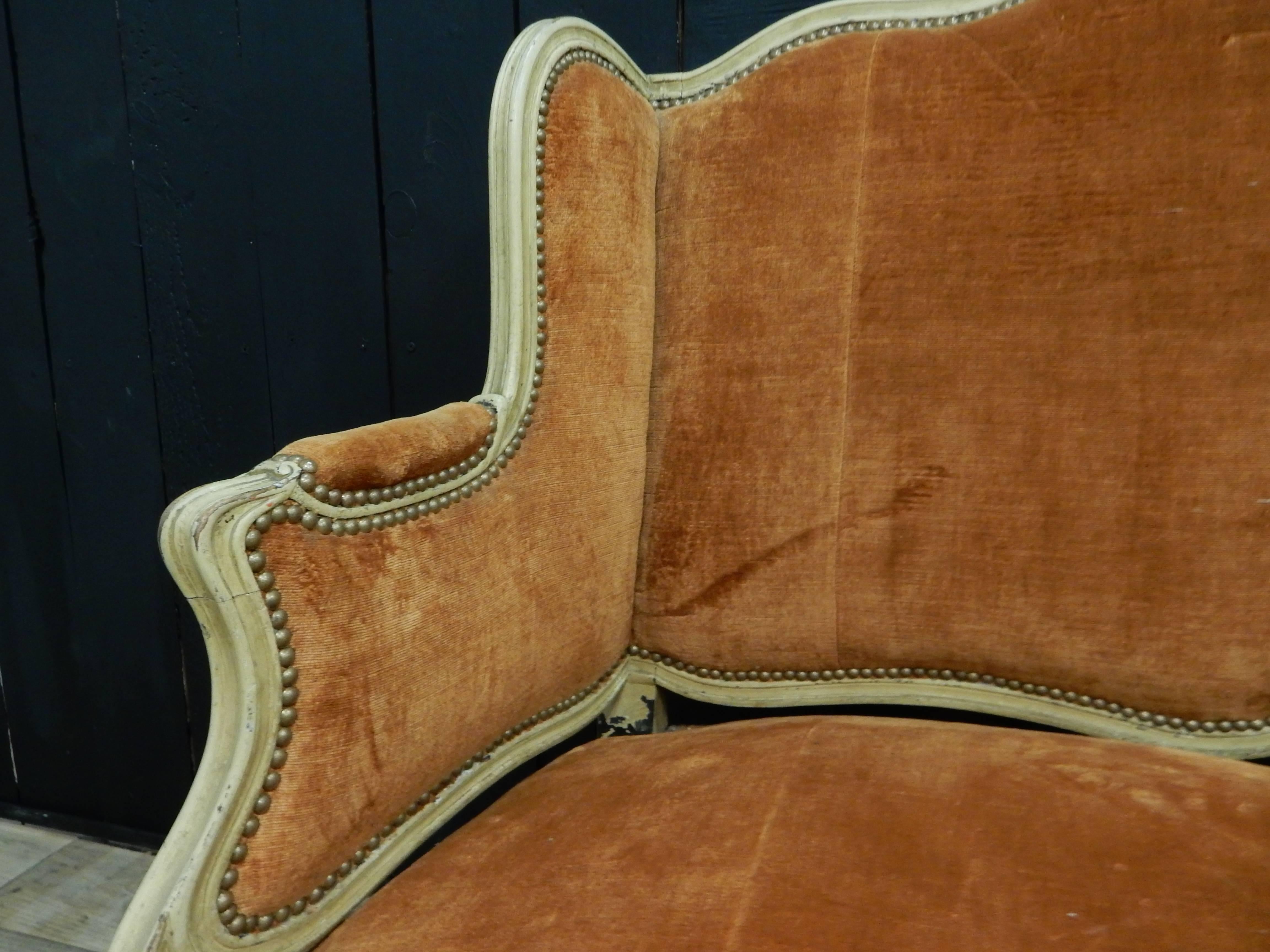Painted Maison Jansen Style Louis XV Sofa with Velvet Coral