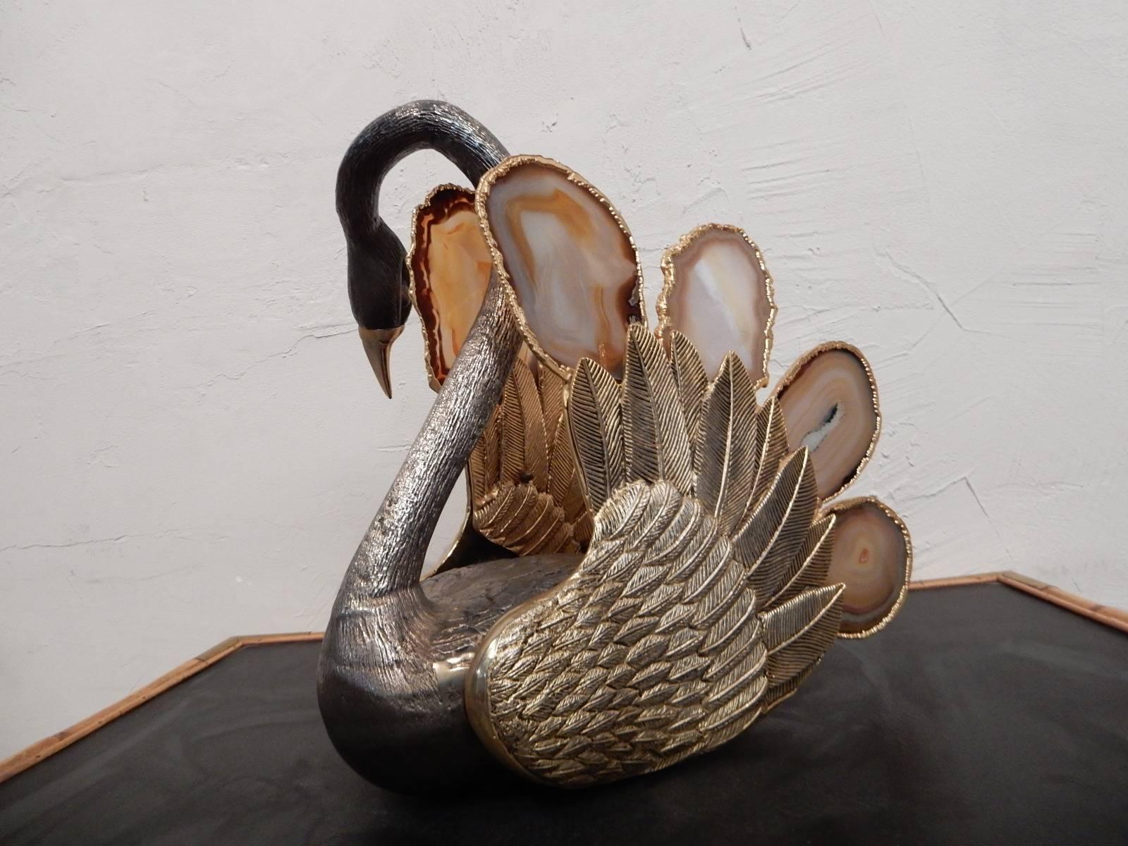French Swan Attribued to Jacques Duval-Brasseur Agate Bronze