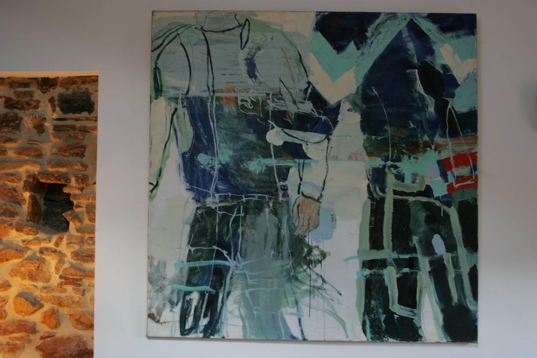 A graphic oil on canvas representing two sport man painting with several blue (signed: L.E).