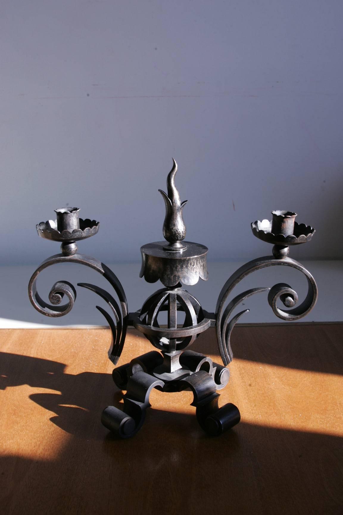 French Gilbert Poillerat Signed Candlesticks For Sale