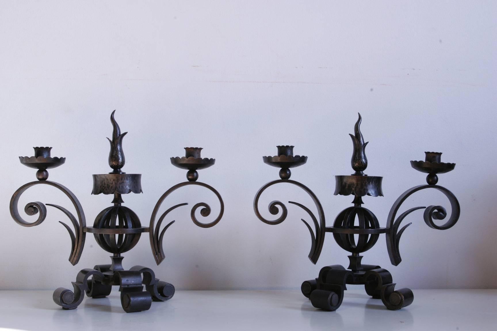 Neoclassical Gilbert Poillerat Signed Candlesticks For Sale