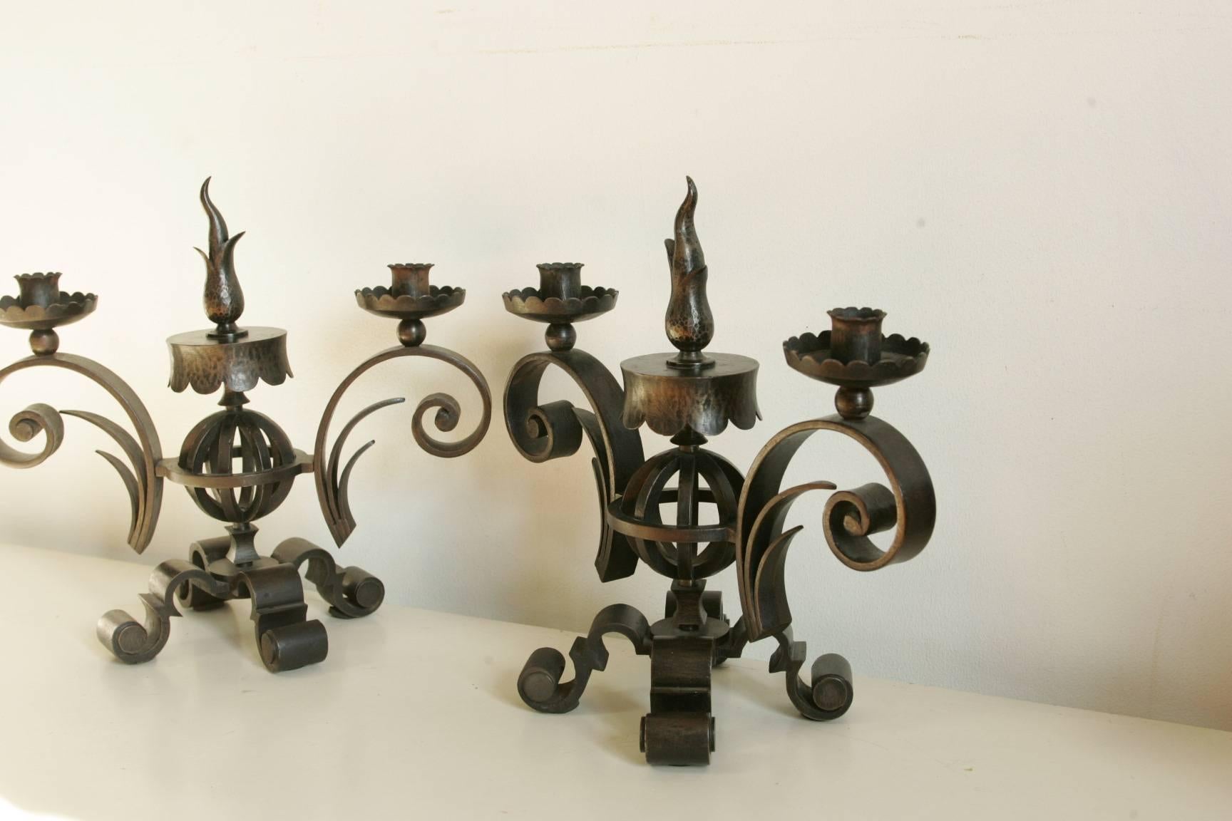 Gilbert Poillerat Signed Candlesticks In Excellent Condition For Sale In Couzon au Mont d'Or, FR