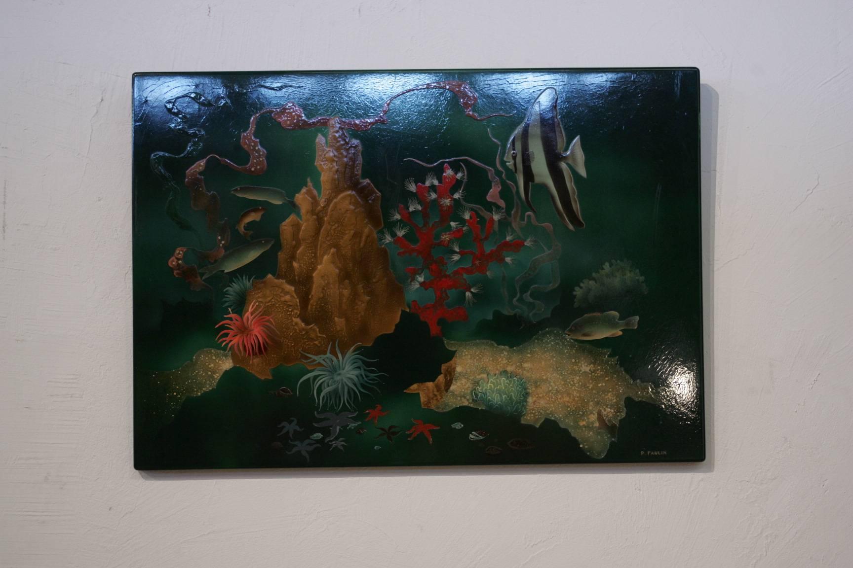 An aquarium lacquered wood panel by Pierre Paulin French Art Deco artist from Lyon in very good condition.
