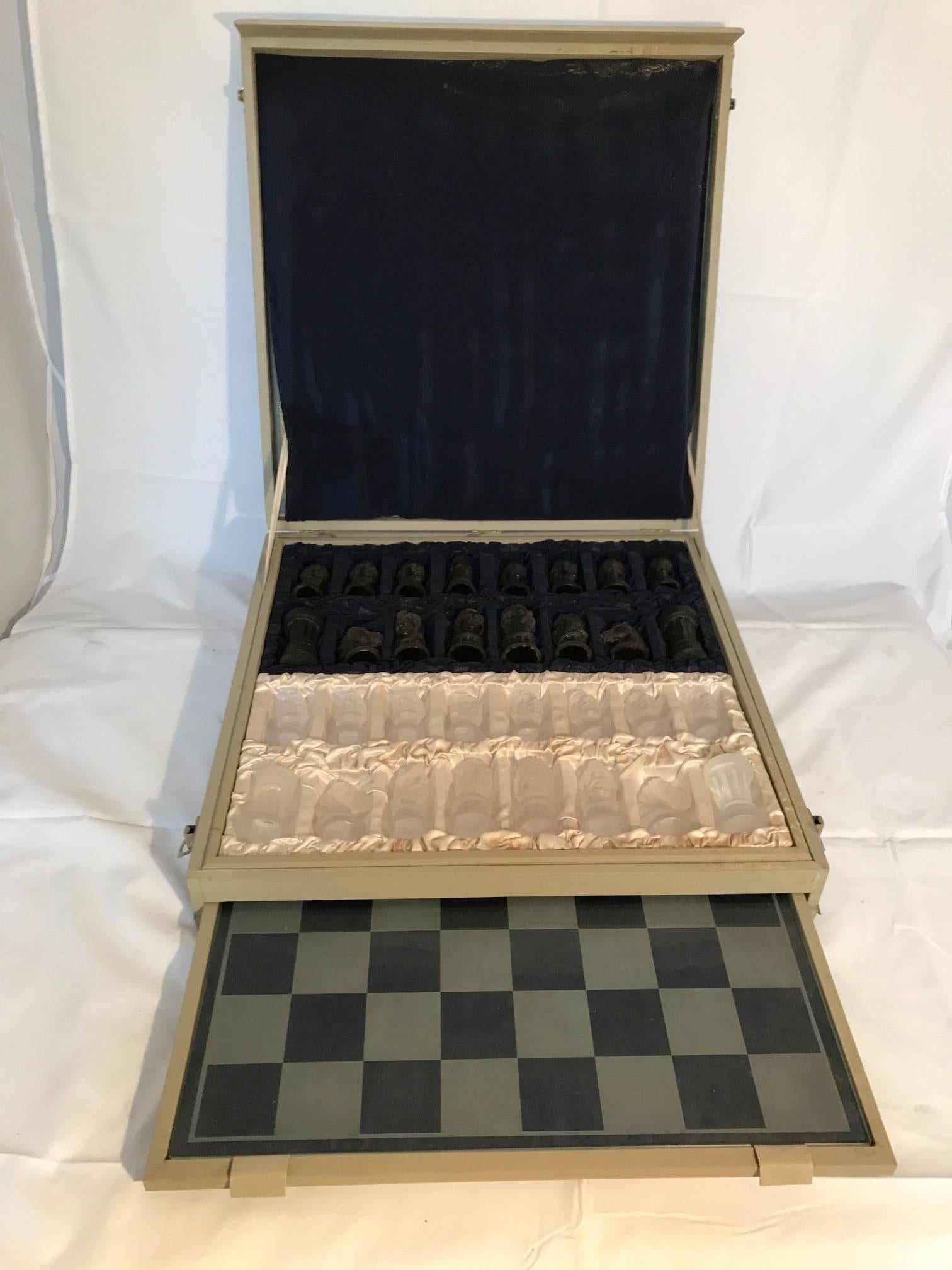 This vintage game of chess has glass board which is placed inside original box and have label 