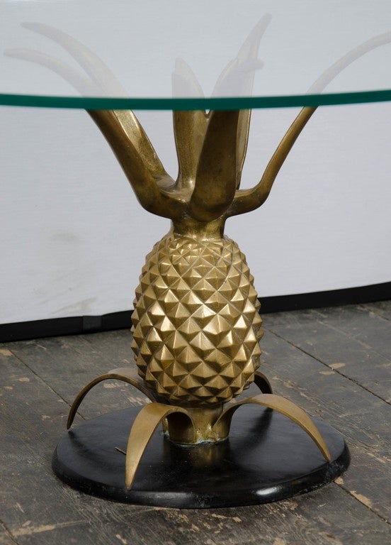Belgium 1970s coffee table on black polished wood and brass pineapple, round grass top.
