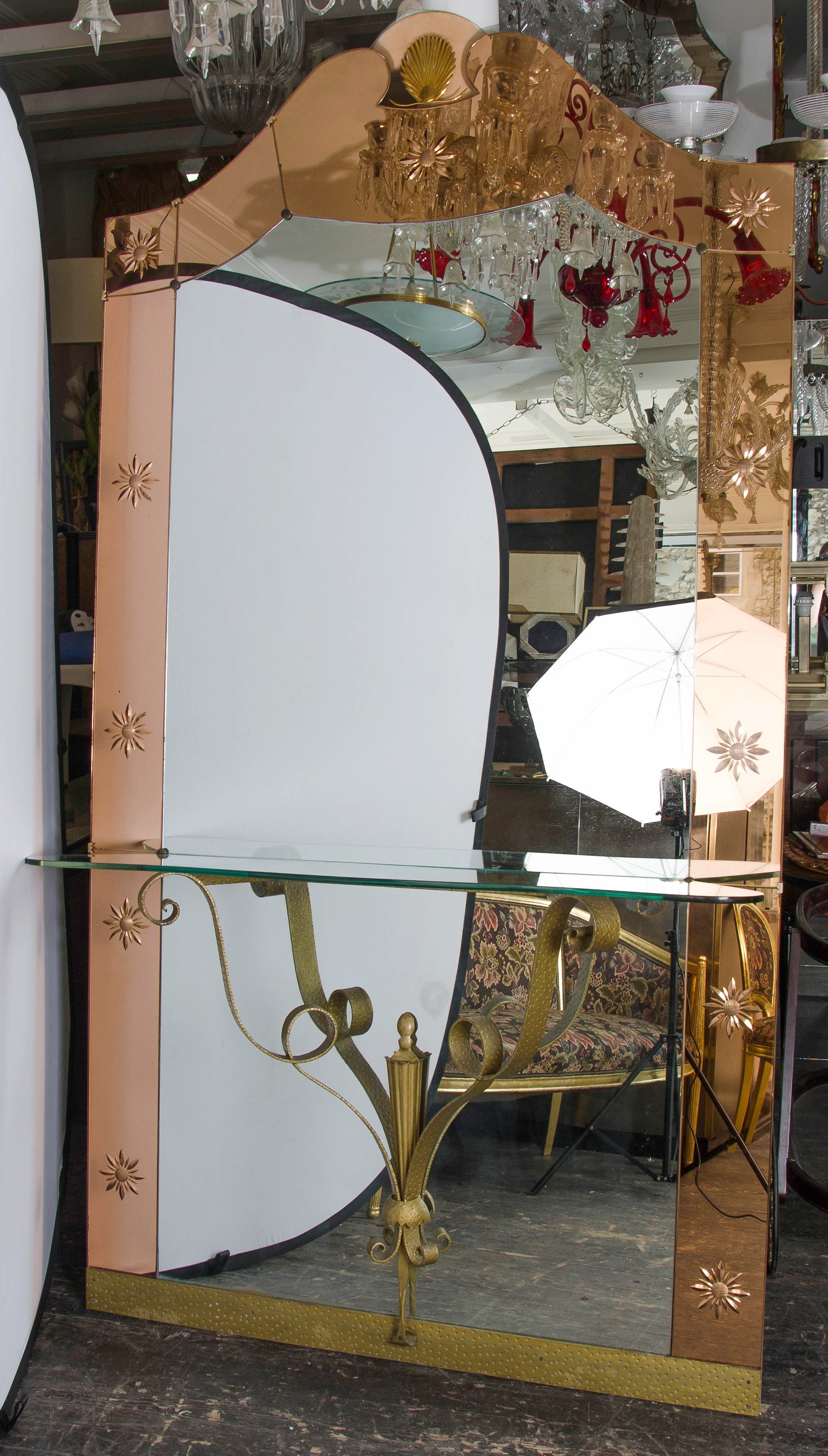1930s Italian Hollywood Regency Mirror with Attached Brass Console