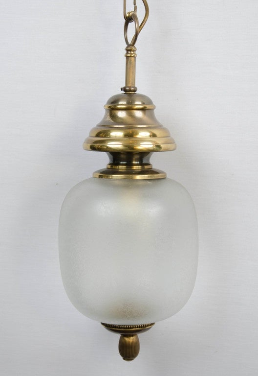 Three lanterns frosted glass and brass on attached chain, length can be reduced. Size of the lanterns with no chain is 55cm. or 21.5in. Have label on the top cup 