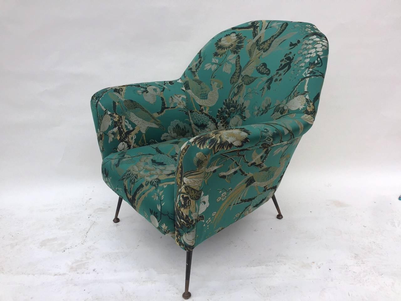 A pair of Italian 1950s armchairs, can be as a side chairs on black painted metal and brass sabot feet, reupholstered in beautiful flora silk.
