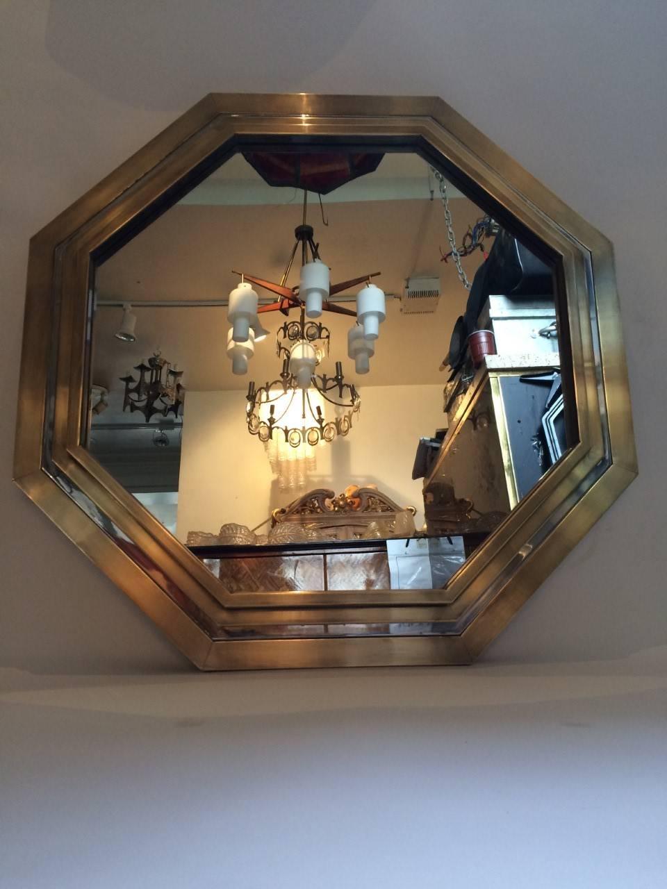 Hexagonal mirror in brass and chrome by Romeo Rega, 1970s, Italian.