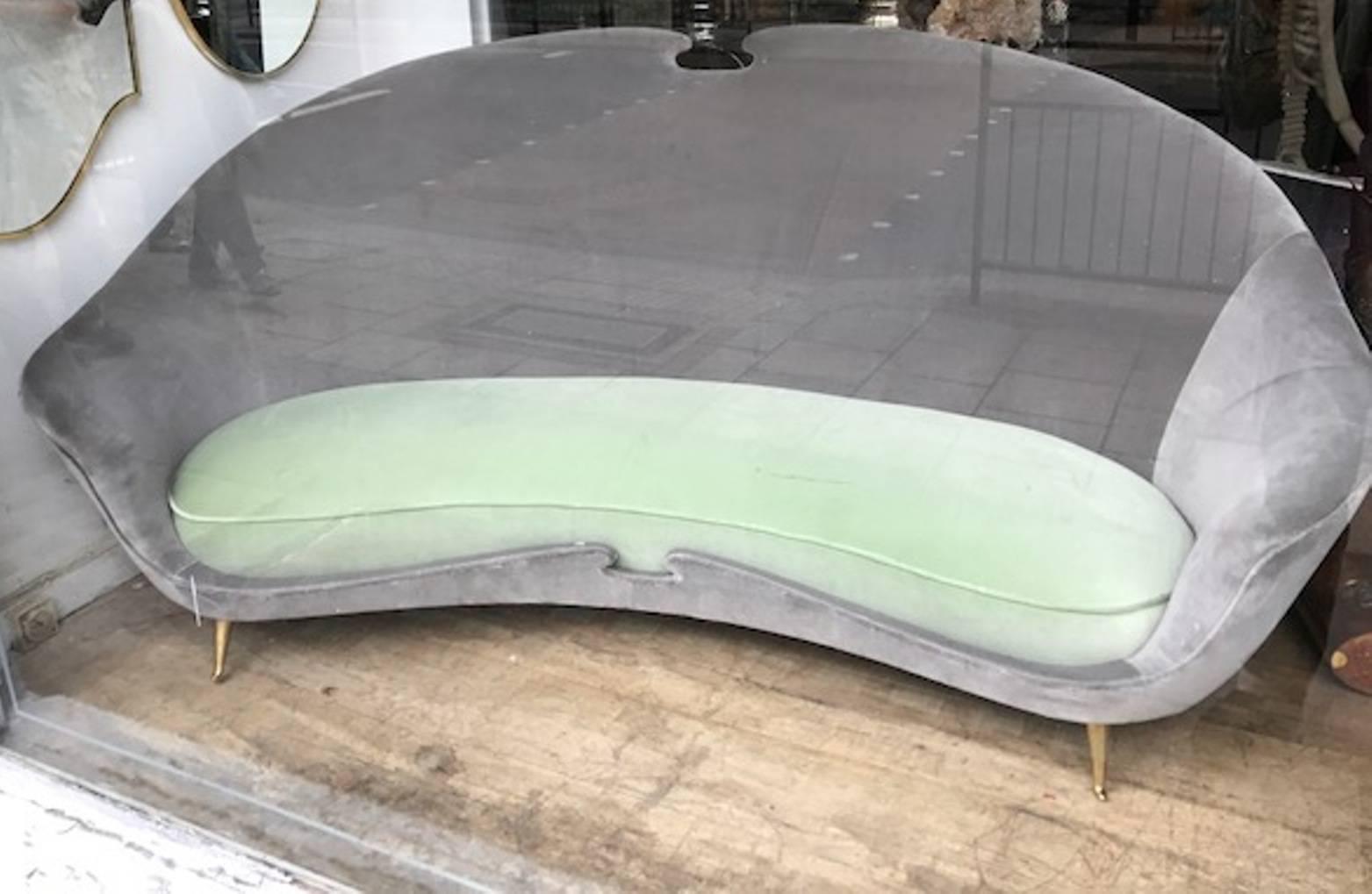 Italian 1950s elegant sofa reupholstered in grey and light green velvet with brass feet.