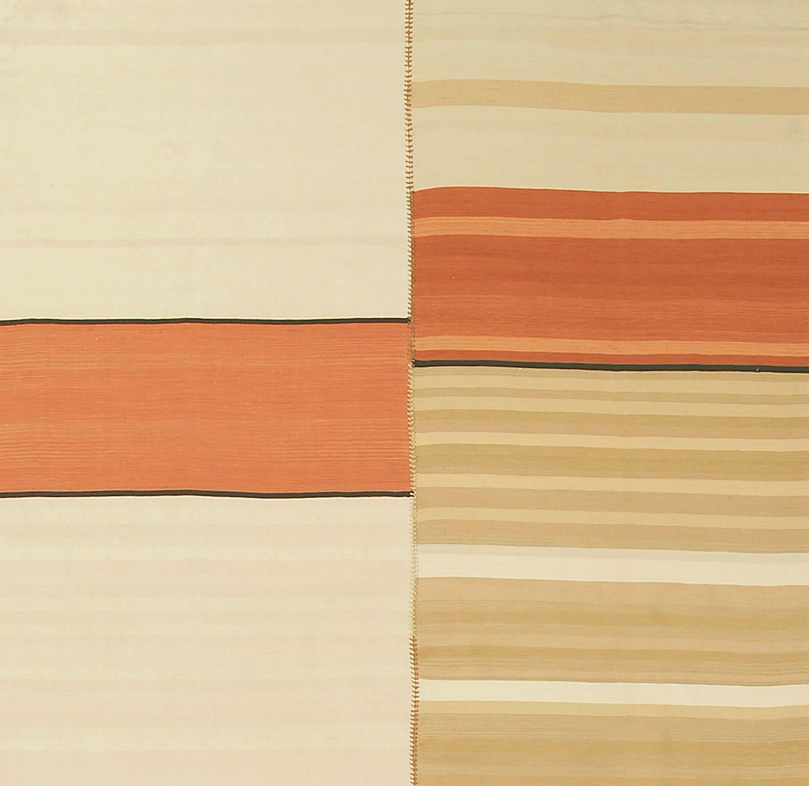 Vintage Kilim composition - Linear design. Persian panels, Herringbone stitching with button stitch on the edges, all of linen.
