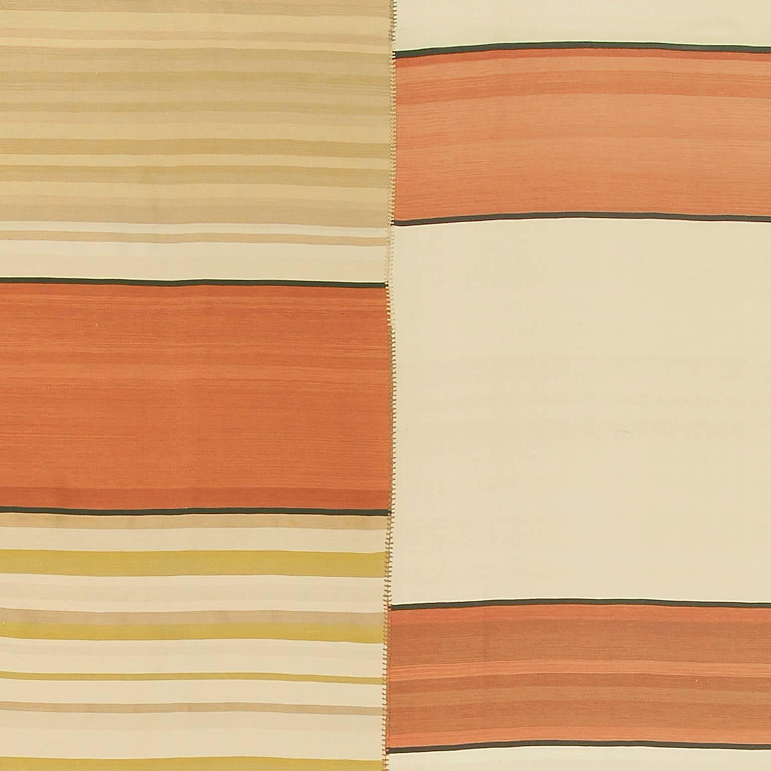 Hand-Woven Mid-20th Century 'Linear' Vintage Kilim Composition Carpet For Sale