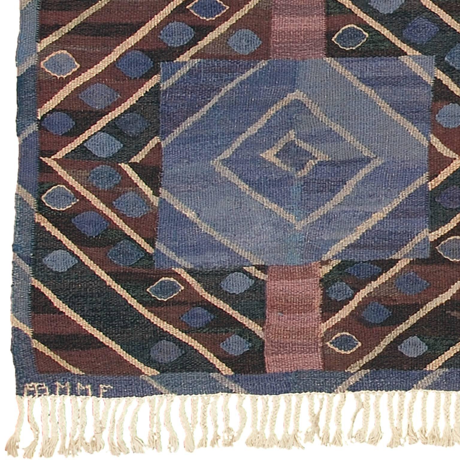 Mid-20th century Swedish flat-weave carpet. Initialed: AB MMF, MR (AB Märta Måås-Fjetterström, Marianne Richter).