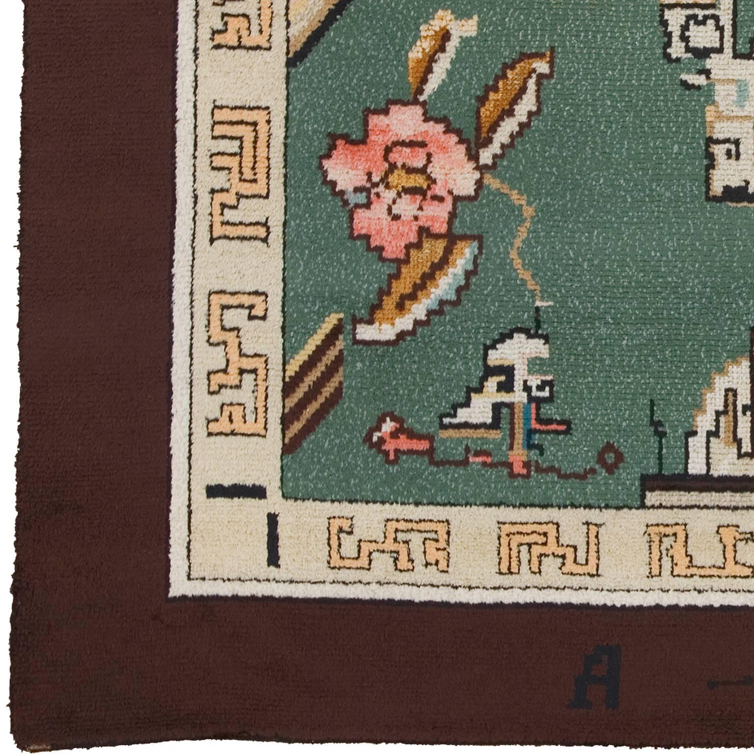 Early 20th century Swedish pile carpet. Initialed: Fo SY 1927 (Einar Forseth).
Woven by Örve Hälsinglands Hemslöjdsförening.
Inscriptions: Three anchors, A-I-B, E 27/10 T.
This carpet was a gift from AB Iggesunds Bruk to Erns Trygger
