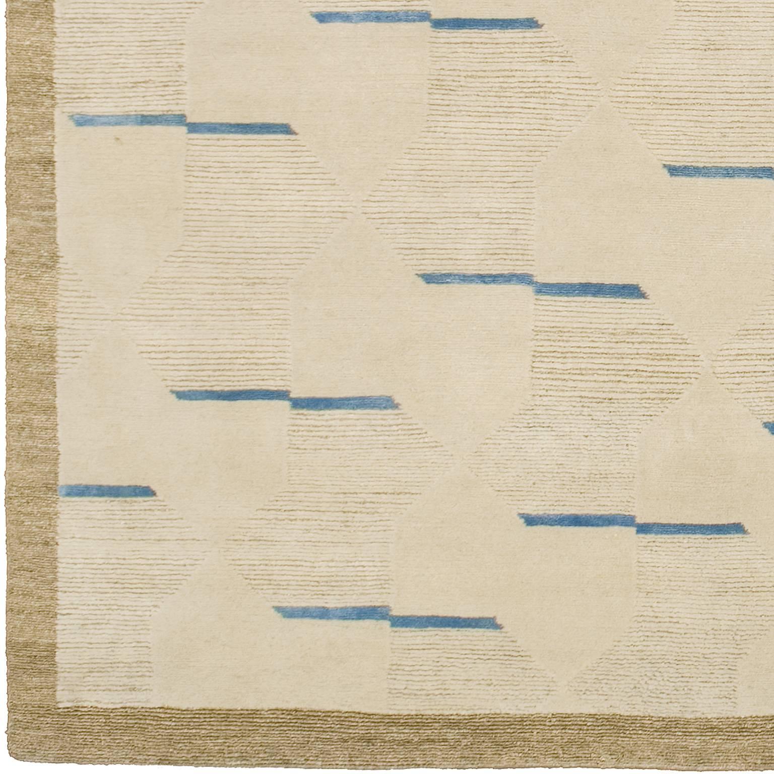 This newly handwoven ‘Bow-Tie' rug is composed of Tibetan wool and silk & Nettle plant fiber which attributes an amazing all-over geometric pattern. With it's 'Stinging' Nettle all around looped border flowing into the design elements, crossing