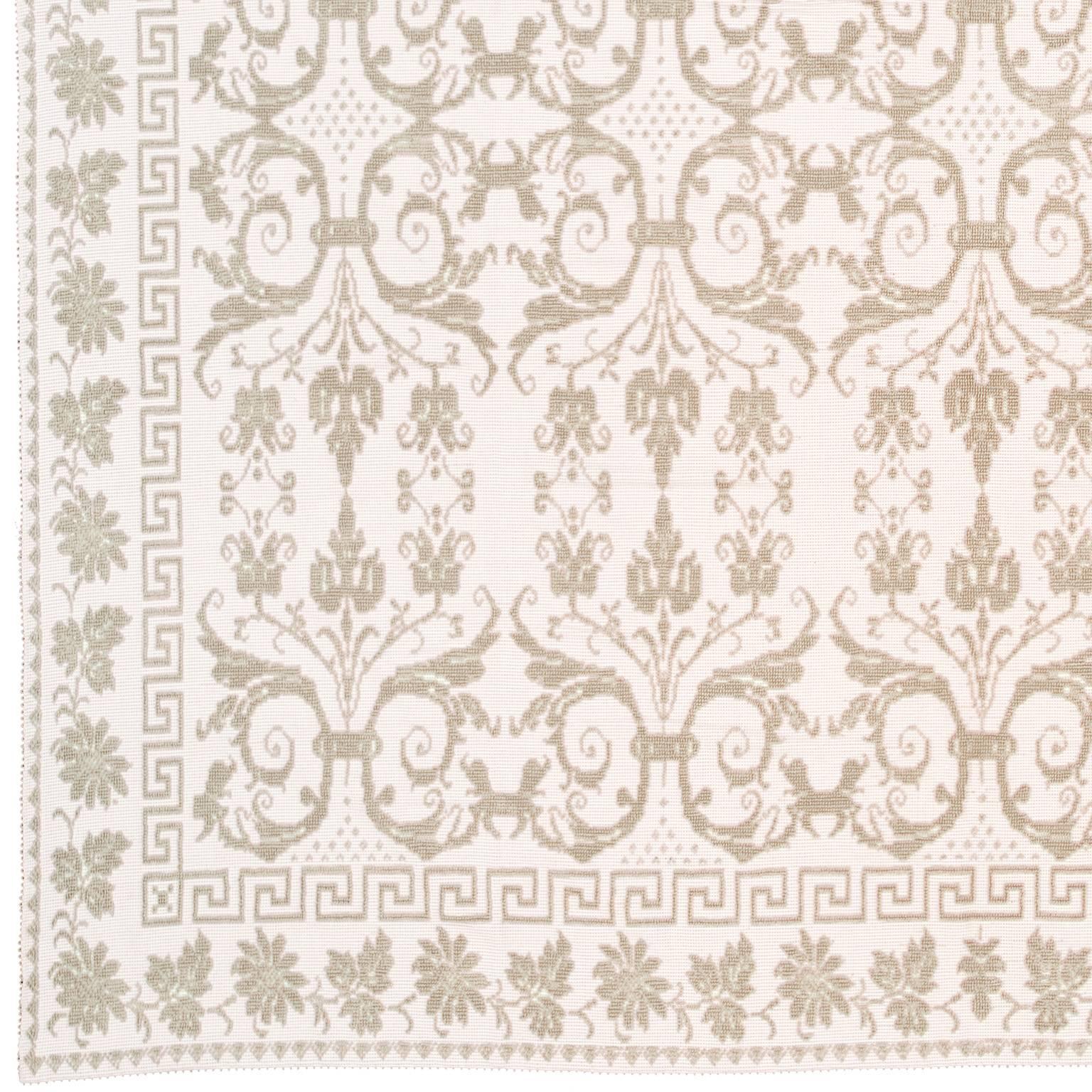 Contemporary Sardinian 'Coperta Tiziana' Carpet
Sardinia, Italy.  
ca. 2009
80% Gray Linen 20% Cotton

This textile embodies the ancient and handcrafted artistic tradition of the island of Sardinia. The ‘pibiones’ hand-weaving technique creates
