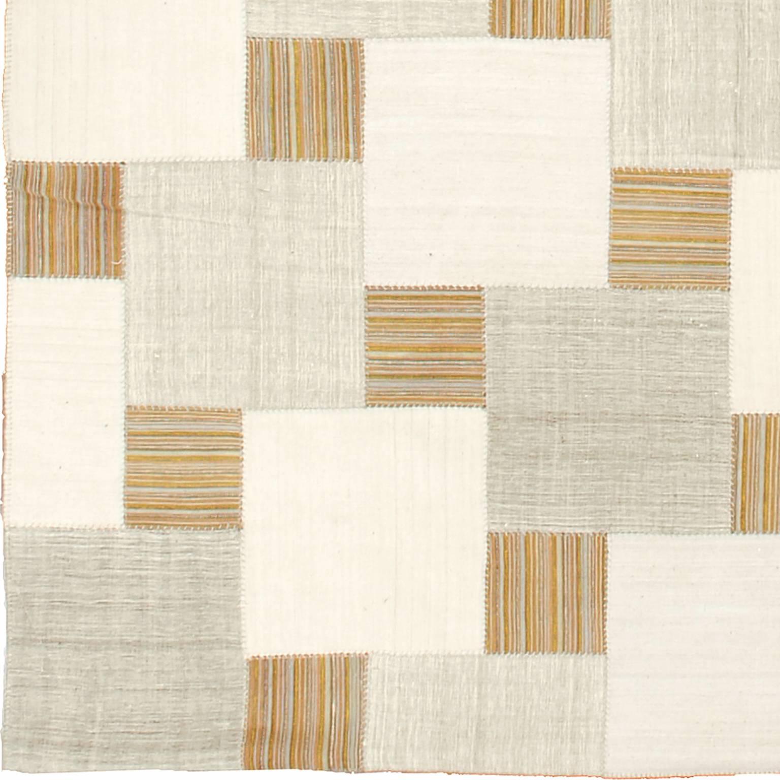 Vintage Kilim composition, ‘Langley’ design.
Turkey, circa 1940 panels.
Grey and natural linen panels, colorful wool patches. All hand woven. 
 