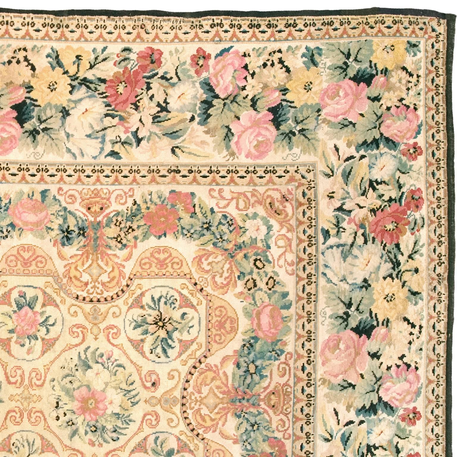 Hand-Woven Ukranian Pile Carpet with Floral Design, 19th Century For Sale