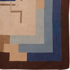 Early 20th Century French Blue and Beige Geometric Art Deco Carpet