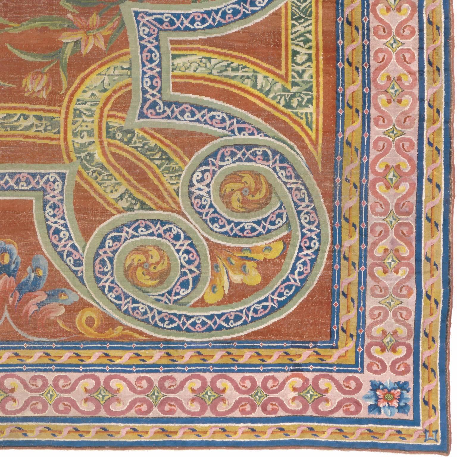 Alfombra española de Cuenca, 1790
Real Fábrica de Tejidos de Cuenca. Cuenca, España, hacia 1790.
Procedencia; Palazzo Volpi Roma, Conde Volpi di Misurata.
El campo es de terracota oscura, con un gran medallón almenado centrado por una rosa
