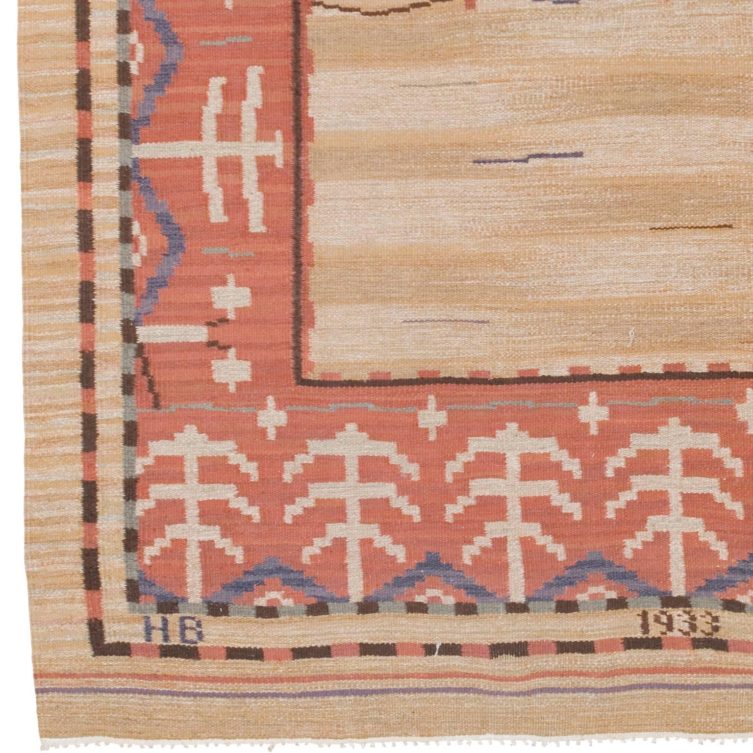 Swedish flat-weave rug, 1933
Sweden, circa 1933
Initialed: HB, 1933, VB.