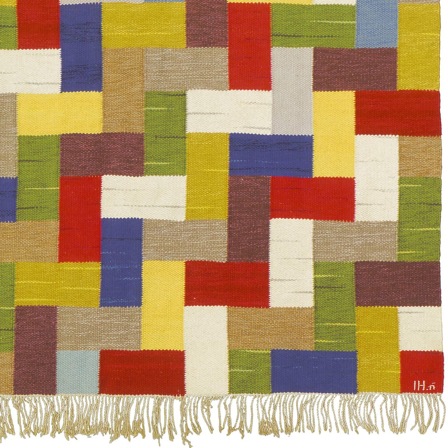 Mid-20th century Swedish flat-weave carpet by Ingrid Hellman-Knafve
Sweden, circa 1940-1950
Initialed: IH.n (Ingrid Hellman-Knafve)
Handwoven.