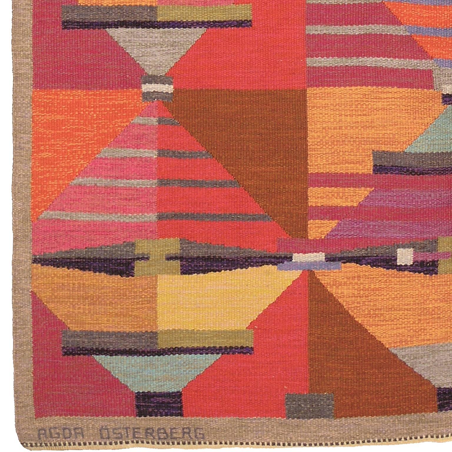Swedish flat-weave Carpet by Agda Osterberg, 1960
Sweden, circa 1960
Handwoven
Signed “Agda Osterberg” and with the initials “A.O.”

 