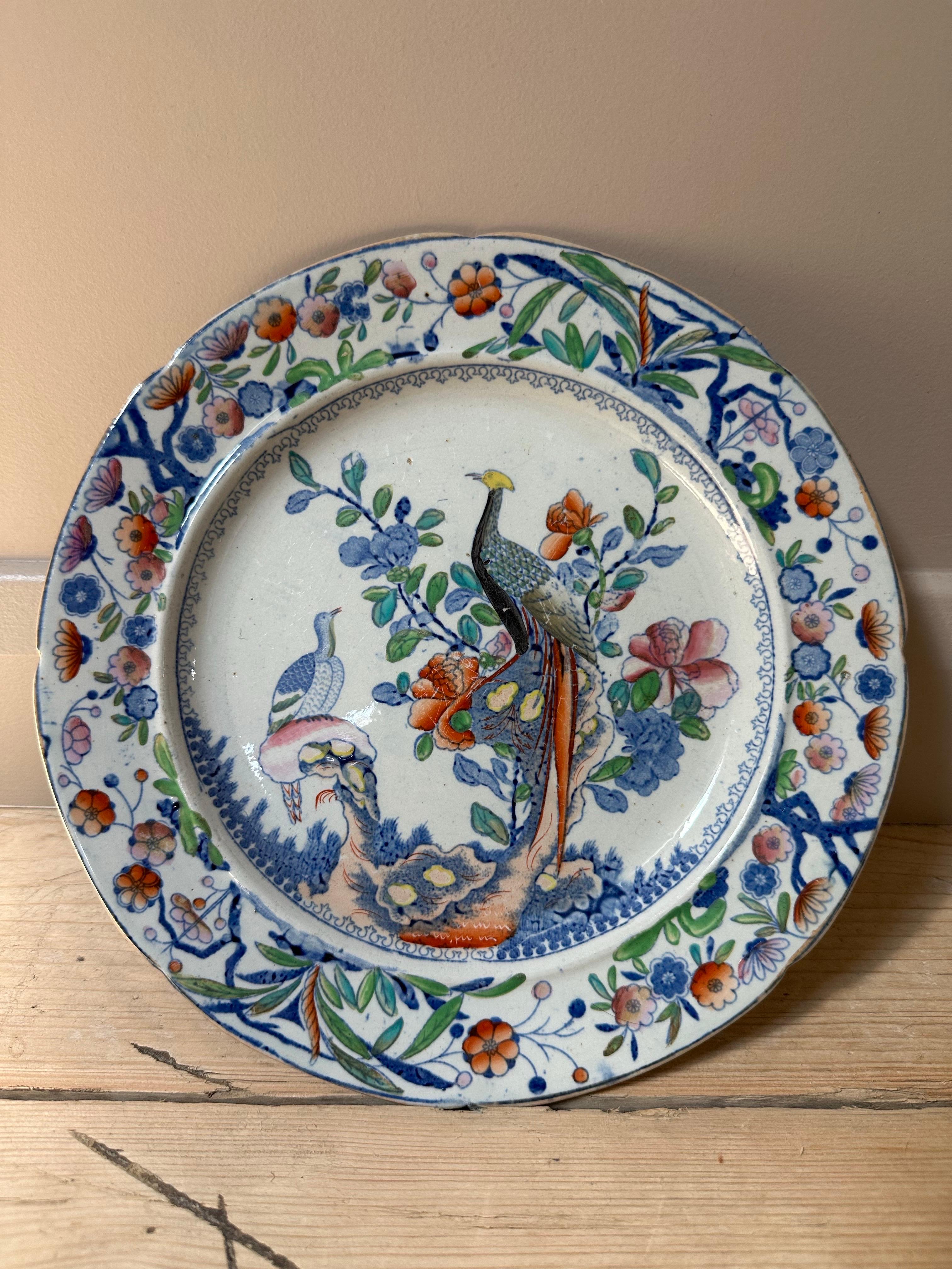Dipinto a mano Piatto in pietra di Staffordshire con pavoni e bordo floreale del XIX secolo in vendita