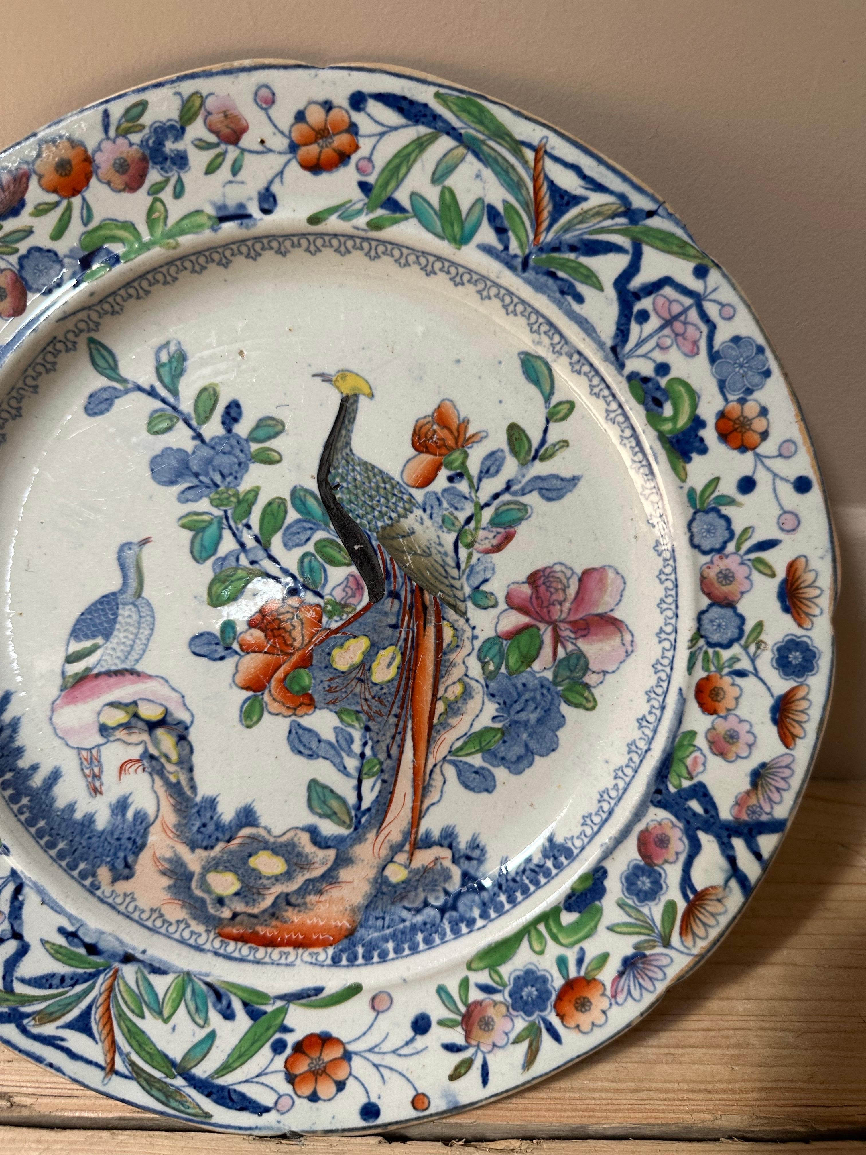 Ironstone Piatto in pietra di Staffordshire con pavoni e bordo floreale del XIX secolo in vendita