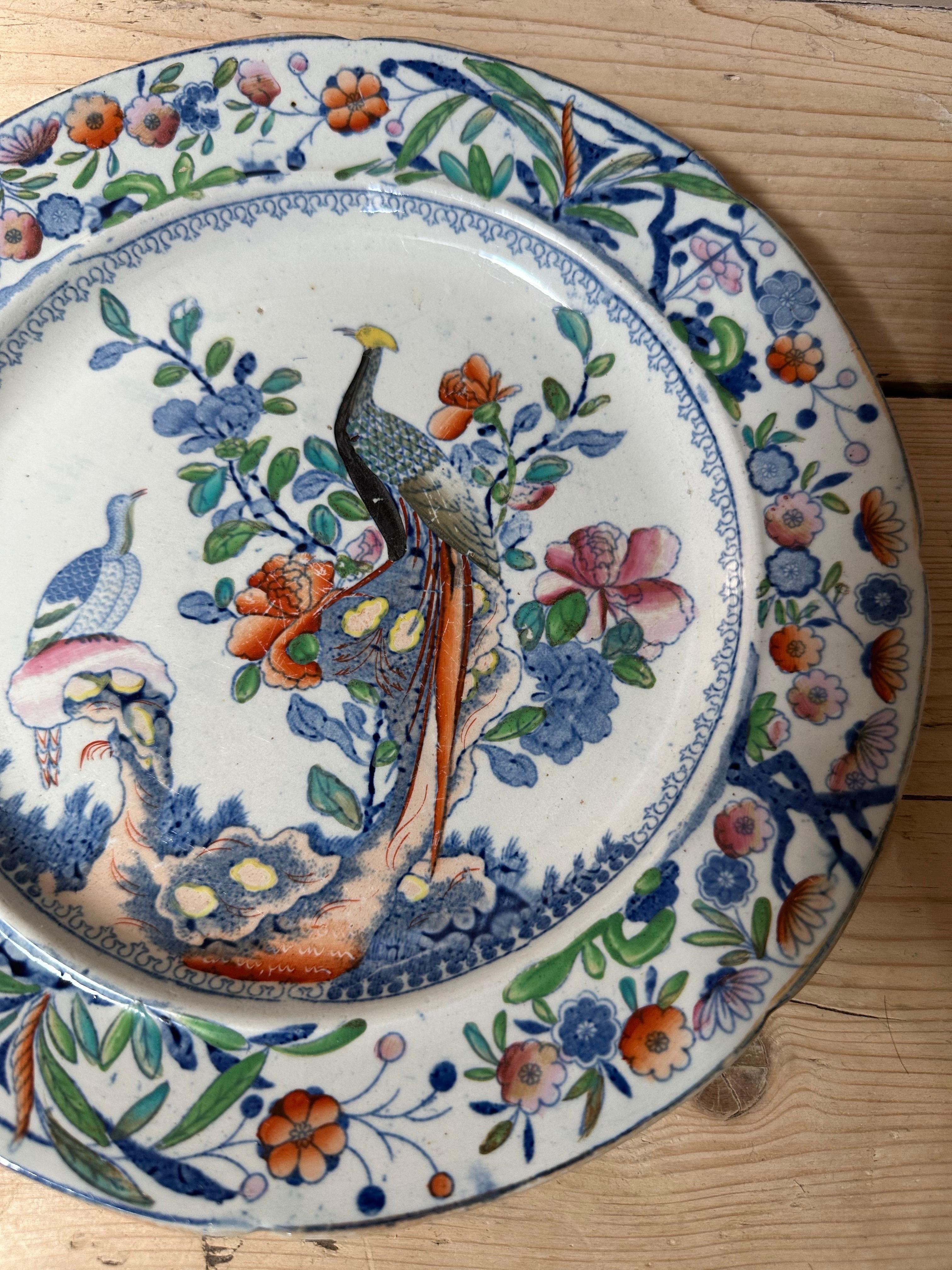 Piatto in pietra di Staffordshire con pavoni e bordo floreale del XIX secolo in vendita 3