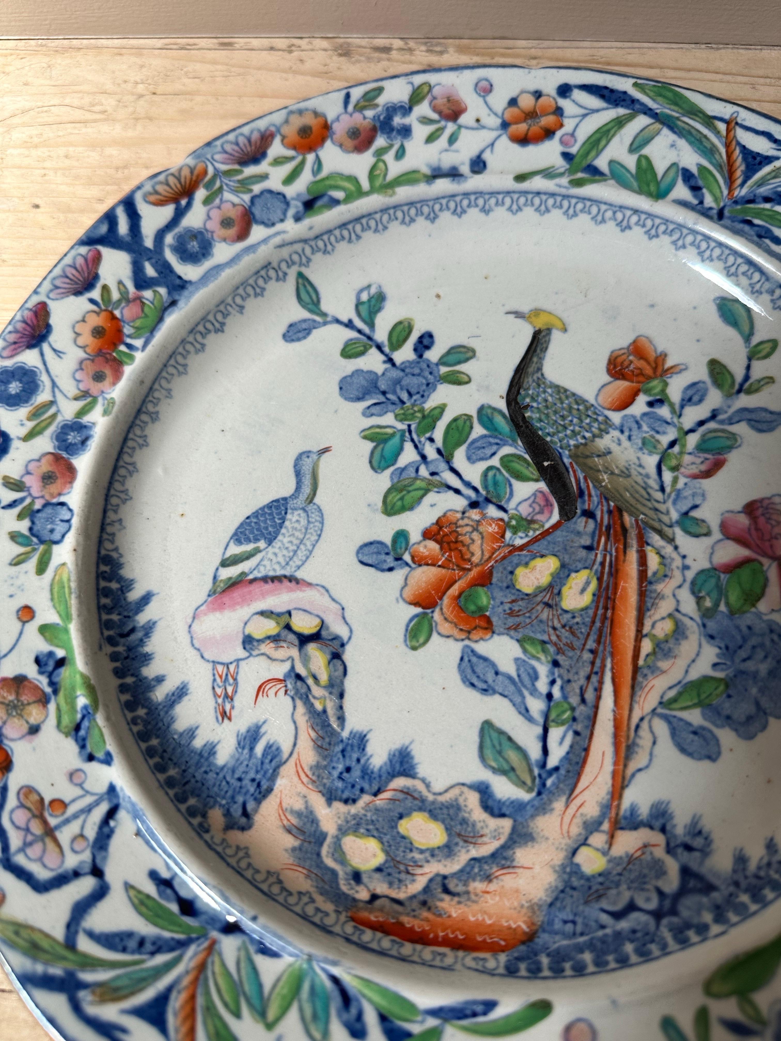 Piatto in pietra di Staffordshire con pavoni e bordo floreale del XIX secolo in vendita 2