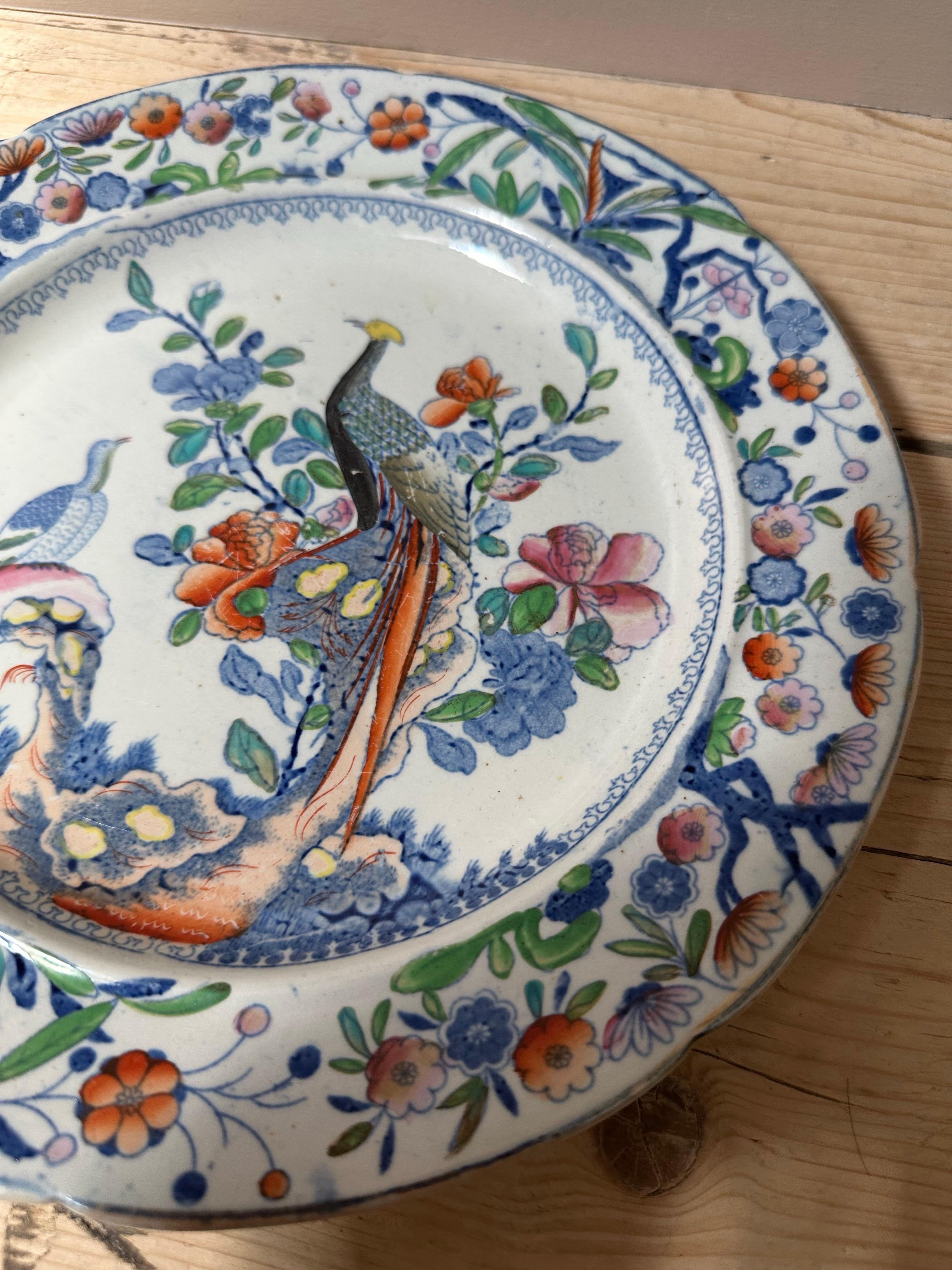 Piatto in pietra di Staffordshire con pavoni e bordo floreale del XIX secolo in vendita 4