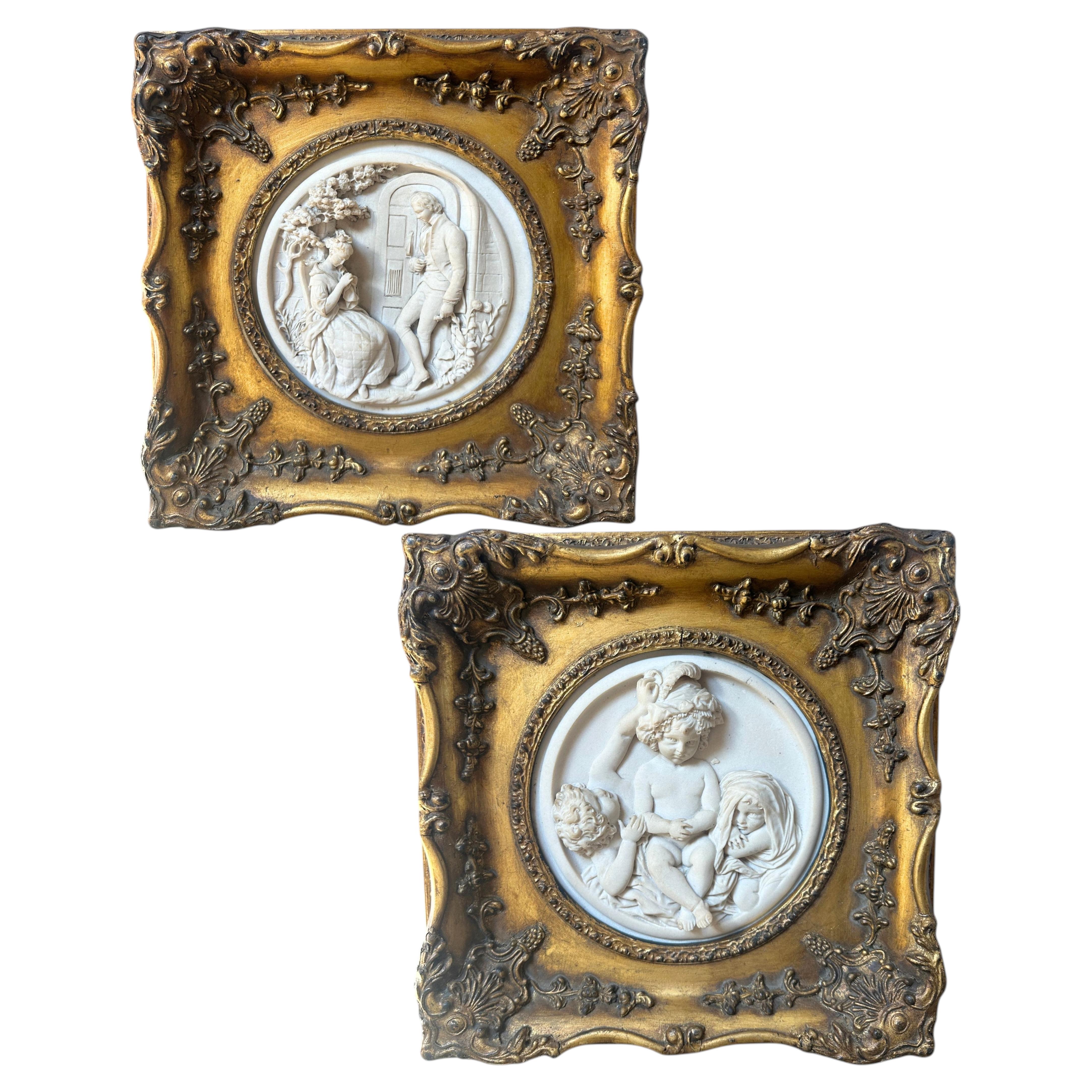 Pair of Victorian Neoclassical Giltwood & Alabaster Bas-Relief Plaques, 1900s