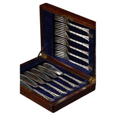 Vintage Cased Mahogany Wooden Box Fish Fork and Knives 12 piece, Cutlery Set