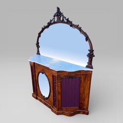 Antique Victorian Walnut & Marble Topped Carved Mirror Backed Sideboard Credenza